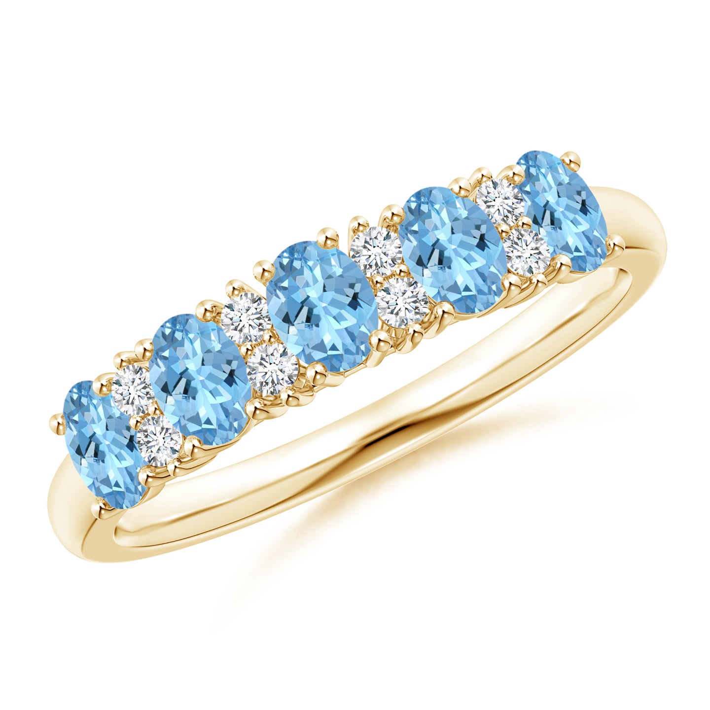 4x3mm AAAA Five Stone Aquamarine and Diamond Wedding Band in Yellow Gold