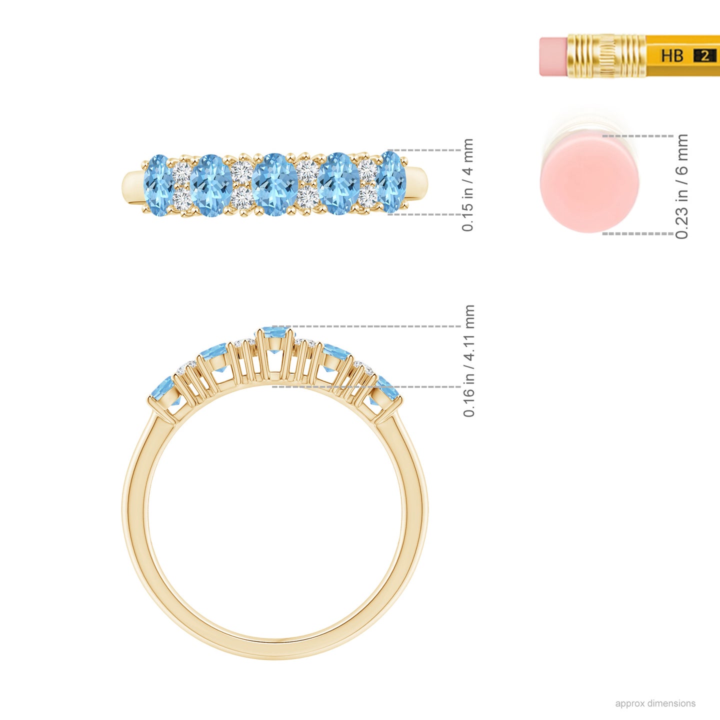 4x3mm AAAA Five Stone Aquamarine and Diamond Wedding Band in Yellow Gold
