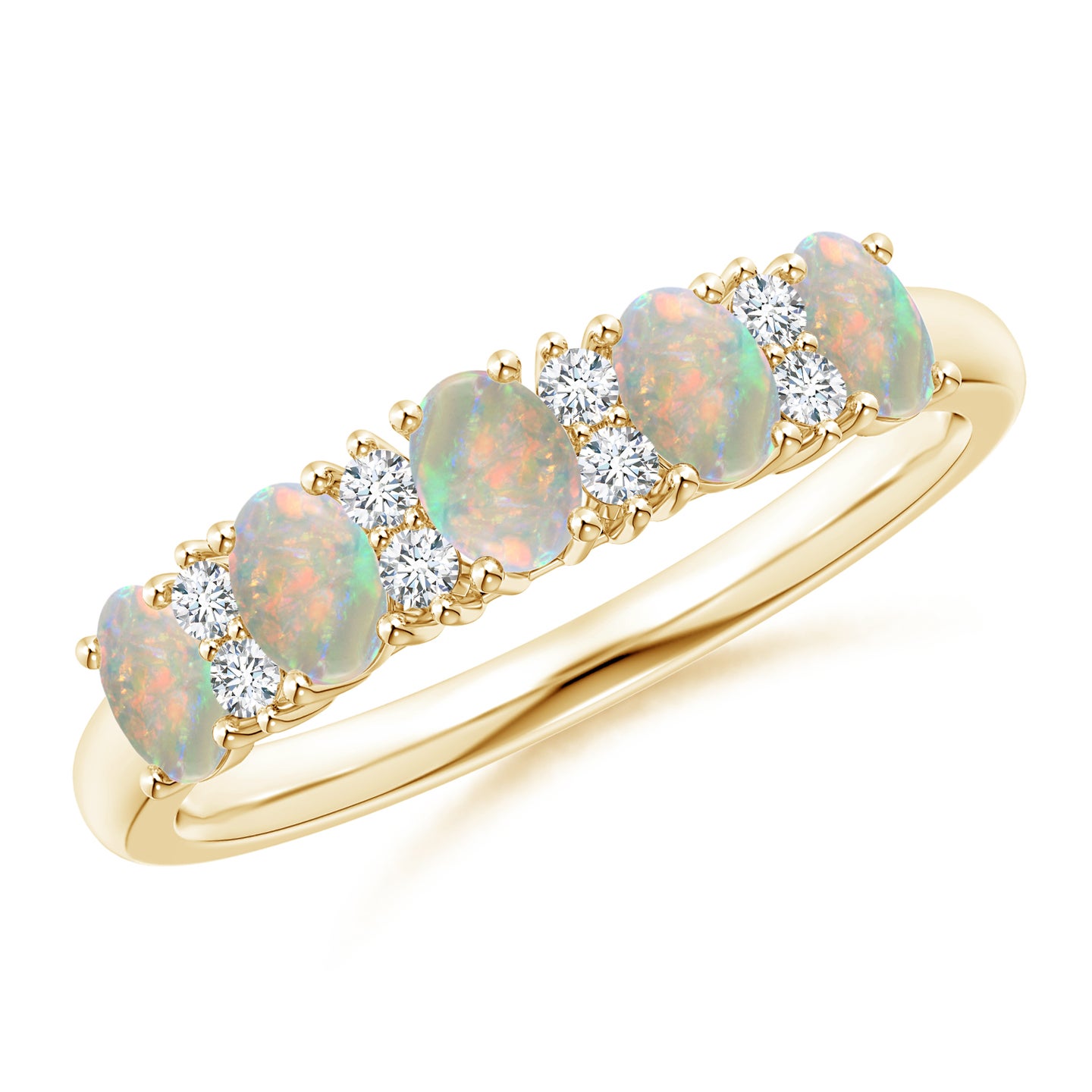 4x3mm AAAA Five Stone Opal and Diamond Wedding Band in Yellow Gold