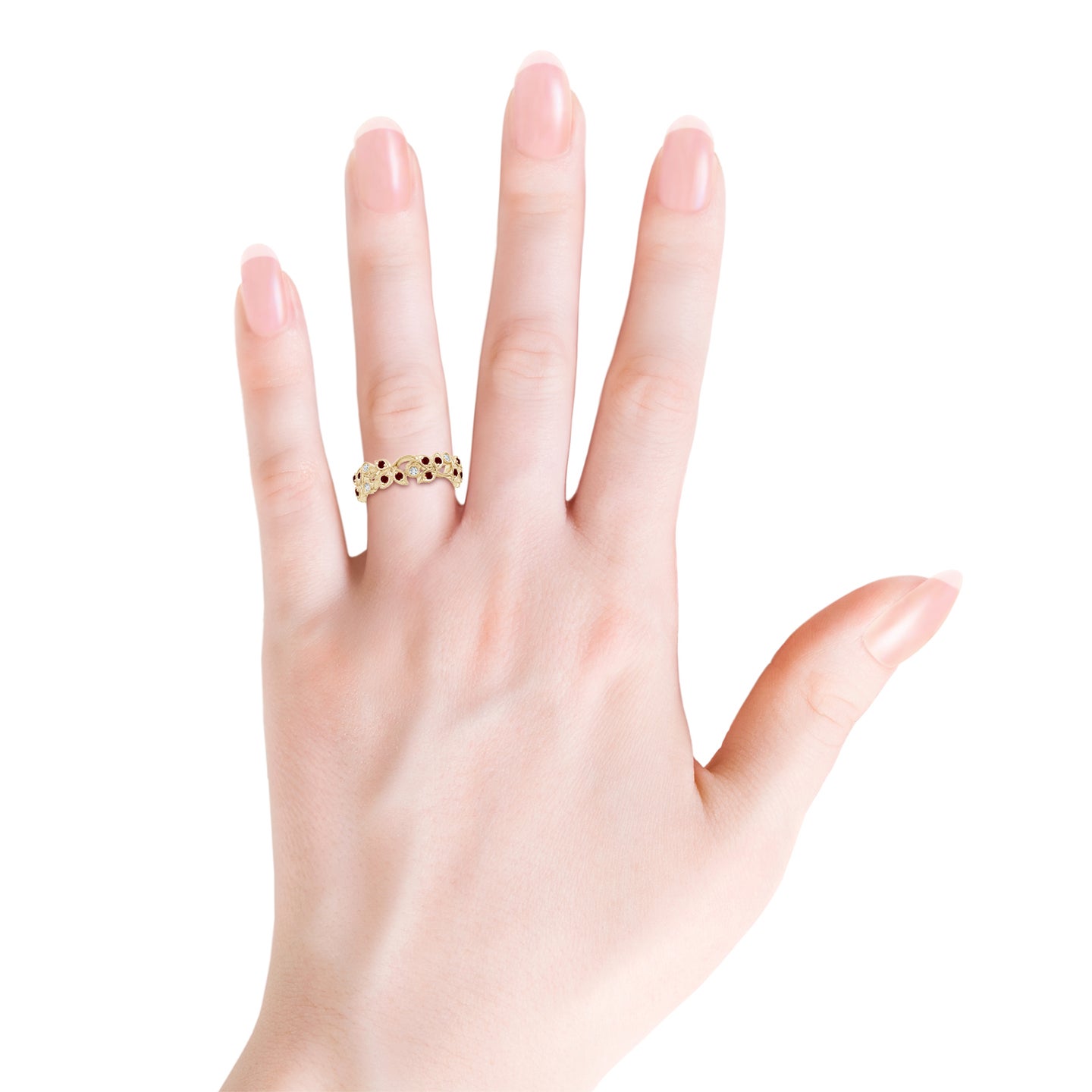 1.3mm AAAA Nature Inspired Round Ruby & Diamond Vine Band in Yellow Gold