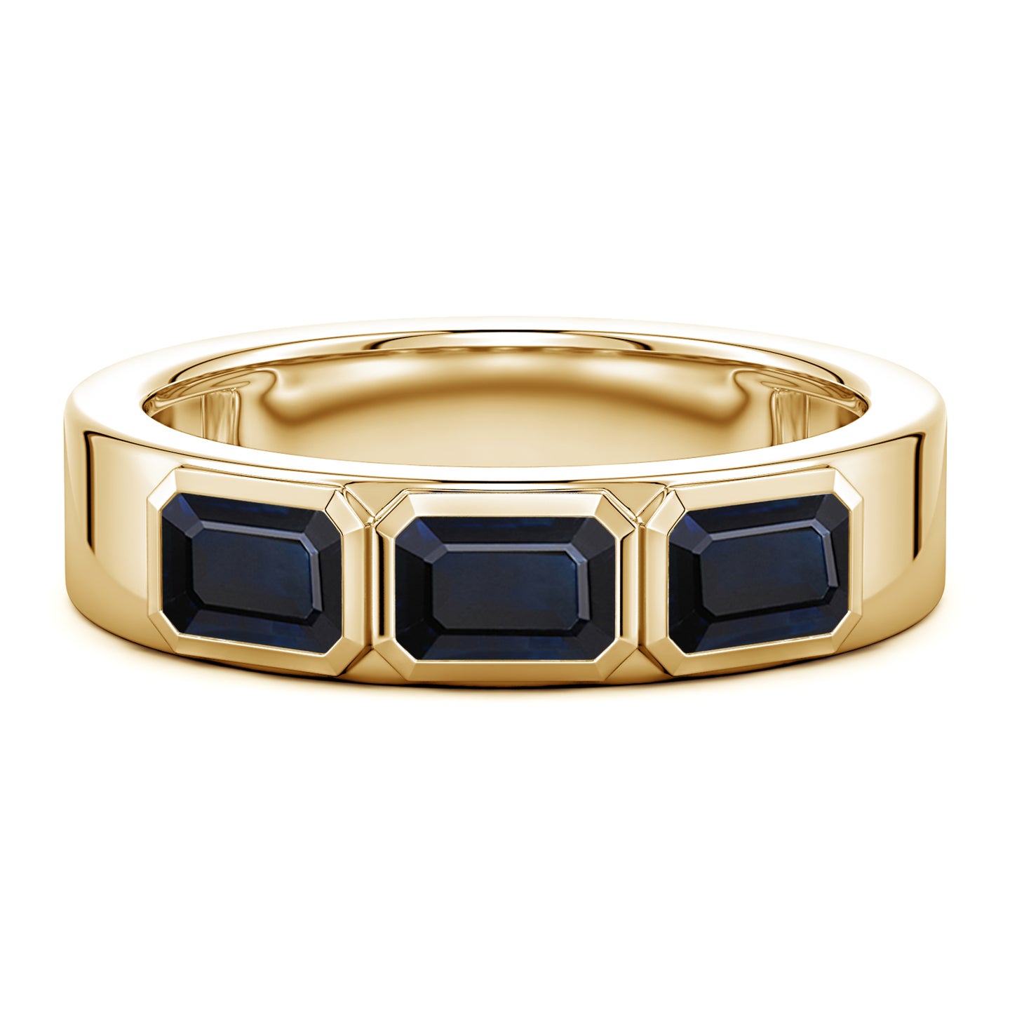 East-West Emerald-Cut Blue Sapphire Men’s Three Stone Ring
