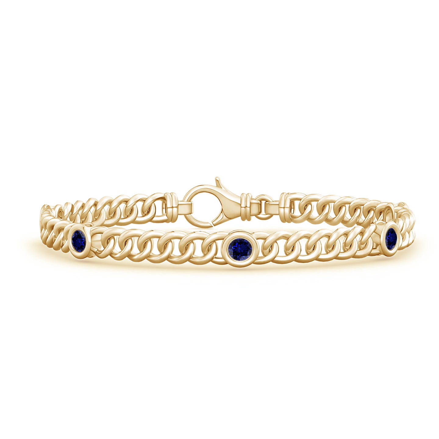 3.5mm Labgrown Lab-Grown Bezel-Set Blue Sapphire Curb Chain Link Bracelet in Yellow Gold 3.5mm Labgrown Lab-Grown Bezel-Set Blue Sapphire Curb Chain Link Bracelet in Yellow Gold