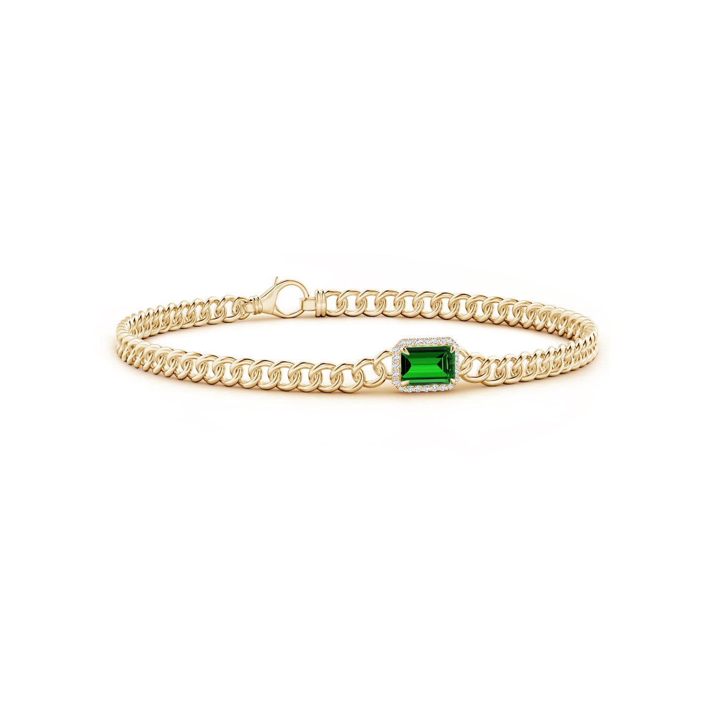 6x4mm Labgrown Lab-Grown Emerald-Cut Emerald Bracelet with Diamond Halo in Yellow Gold