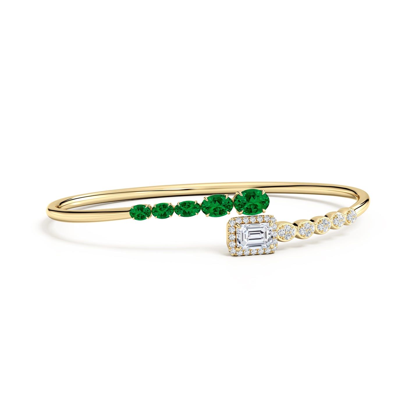 Oval Lab-Grown Emerald and Emerald-Cut Diamond Open Bangle