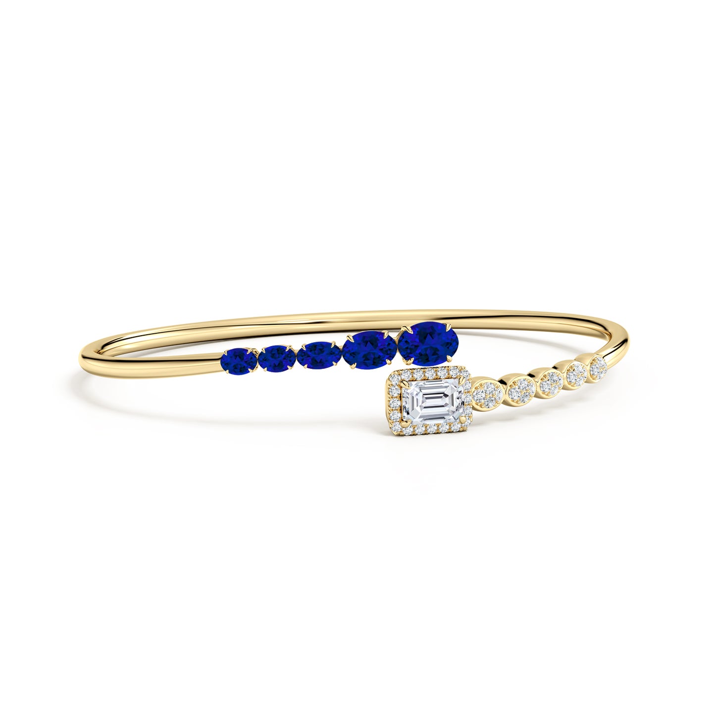 Oval Lab-Grown Blue Sapphire and Emerald-Cut Diamond Open Bangle Oval Lab-Grown Blue Sapphire and Emerald-Cut Diamond Open Bangle