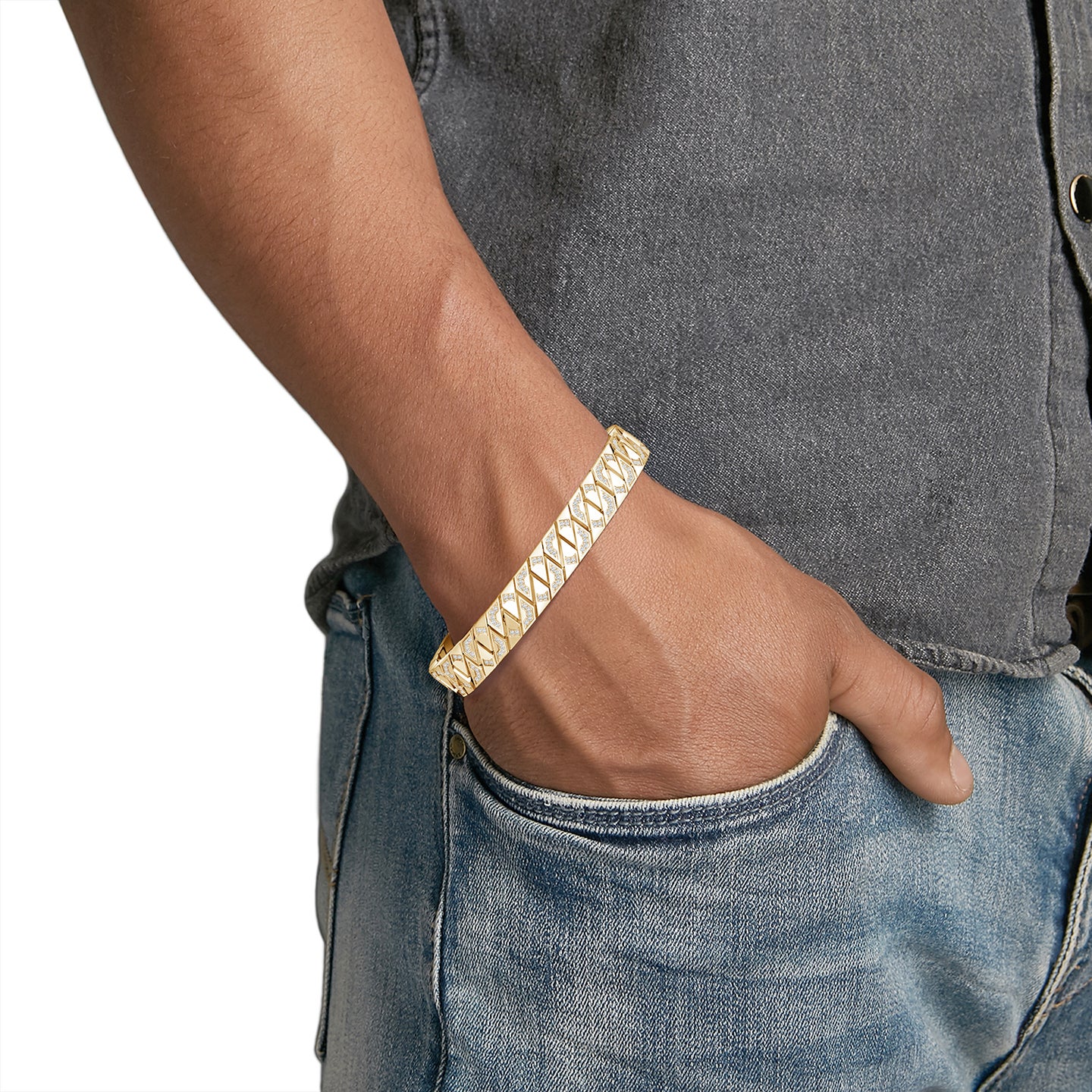 Pave-Set Lab-Grown Diamond Men's Octagon-Shaped Link Chain Bracelet