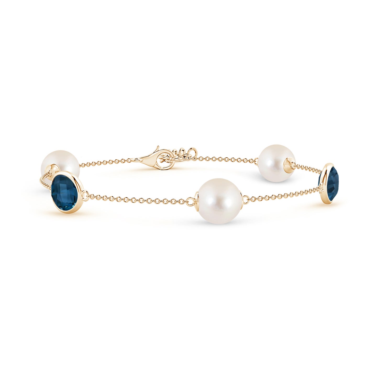 8mm AAAA Freshwater Pearl & Oval London Blue Topaz Bracelet in Yellow Gold