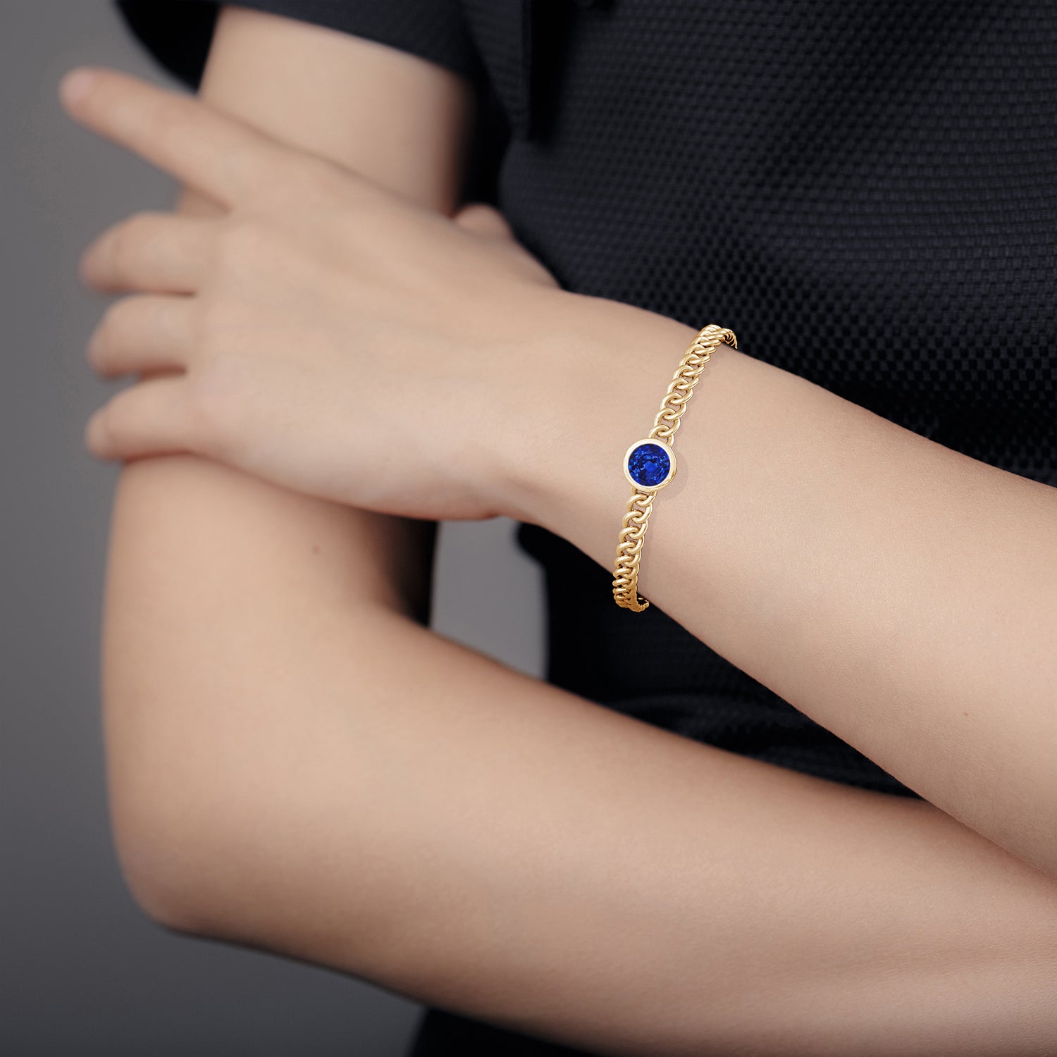 Lab-Grown Bezel-Set Round Blue Sapphire Chain Bracelet