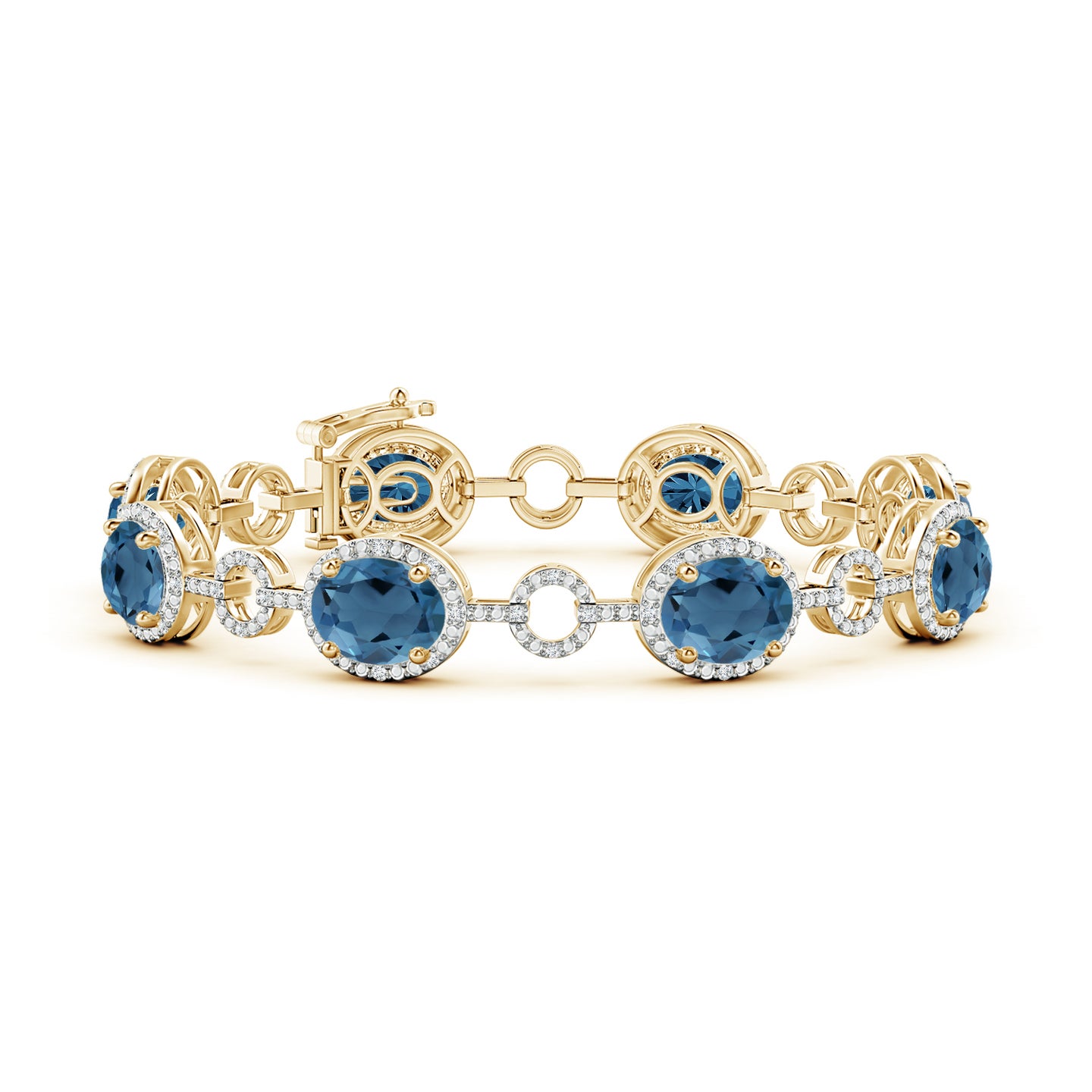 9x7mm A Oval London Blue Topaz Halo Open Circle Link Bracelet in Yellow Gold 9x7mm A Oval London Blue Topaz Halo Open Circle Link Bracelet in Yellow Gold