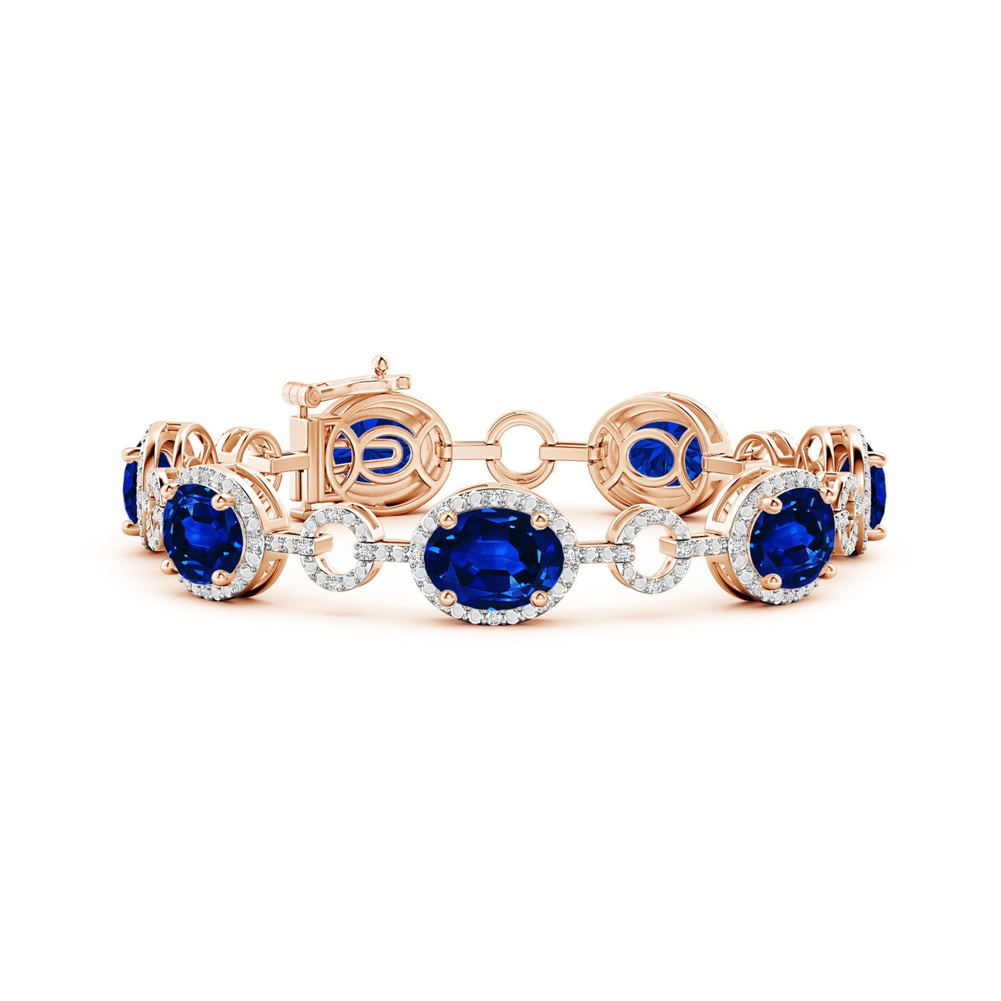 Lab-Grown Oval Blue Sapphire Halo Open Circle Link Bracelet Lab-Grown Oval Blue Sapphire Halo Open Circle Link Bracelet