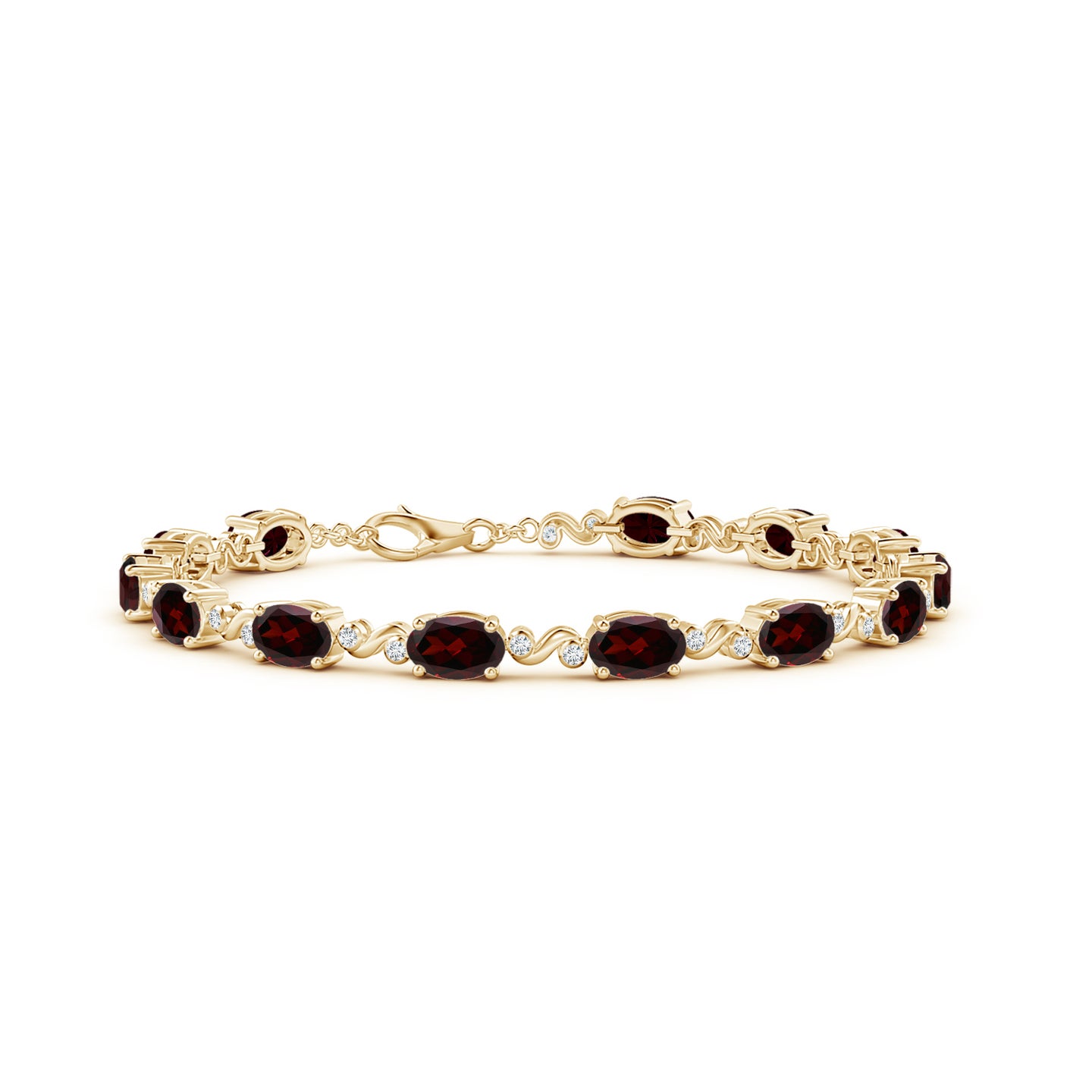 6x4mm A Oval Garnet Swirl Bracelet with Bezel Diamonds in Yellow Gold