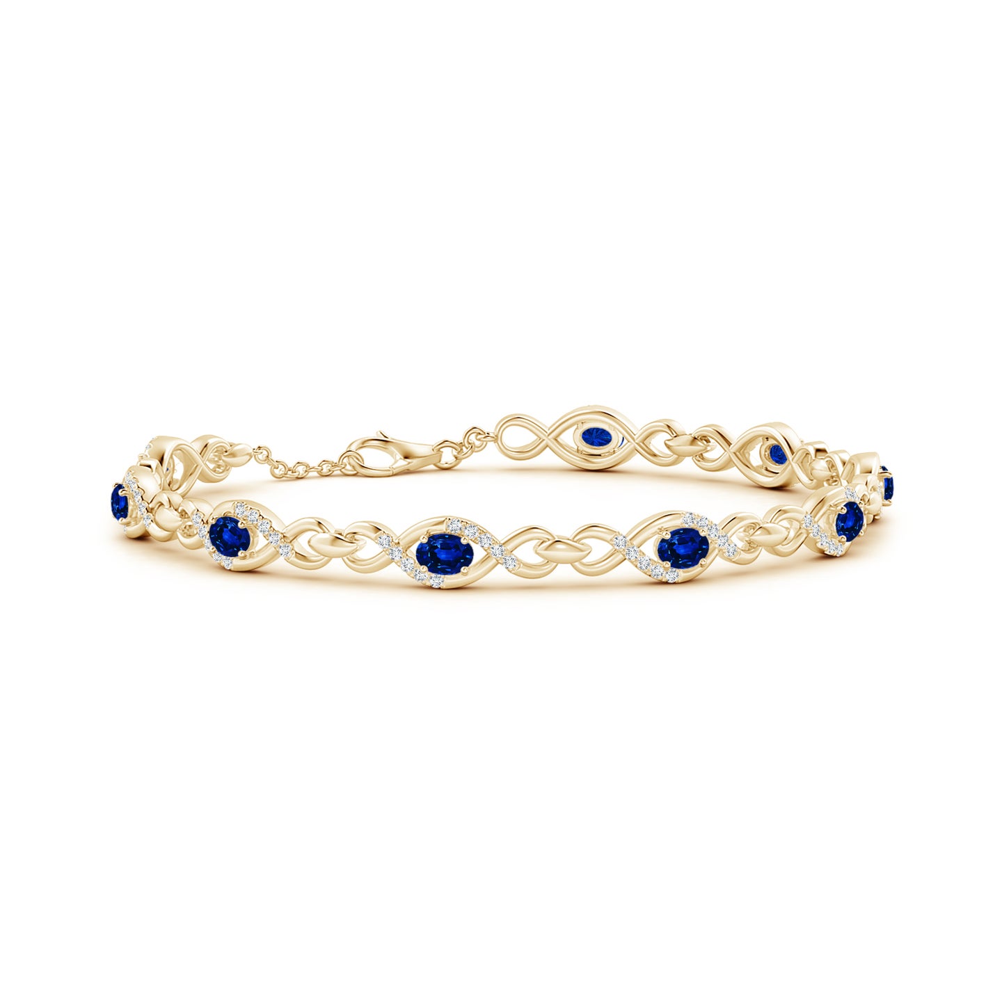 4x3mm AAAA Oval Sapphire Infinity Link Bracelet with Diamonds in Yellow Gold