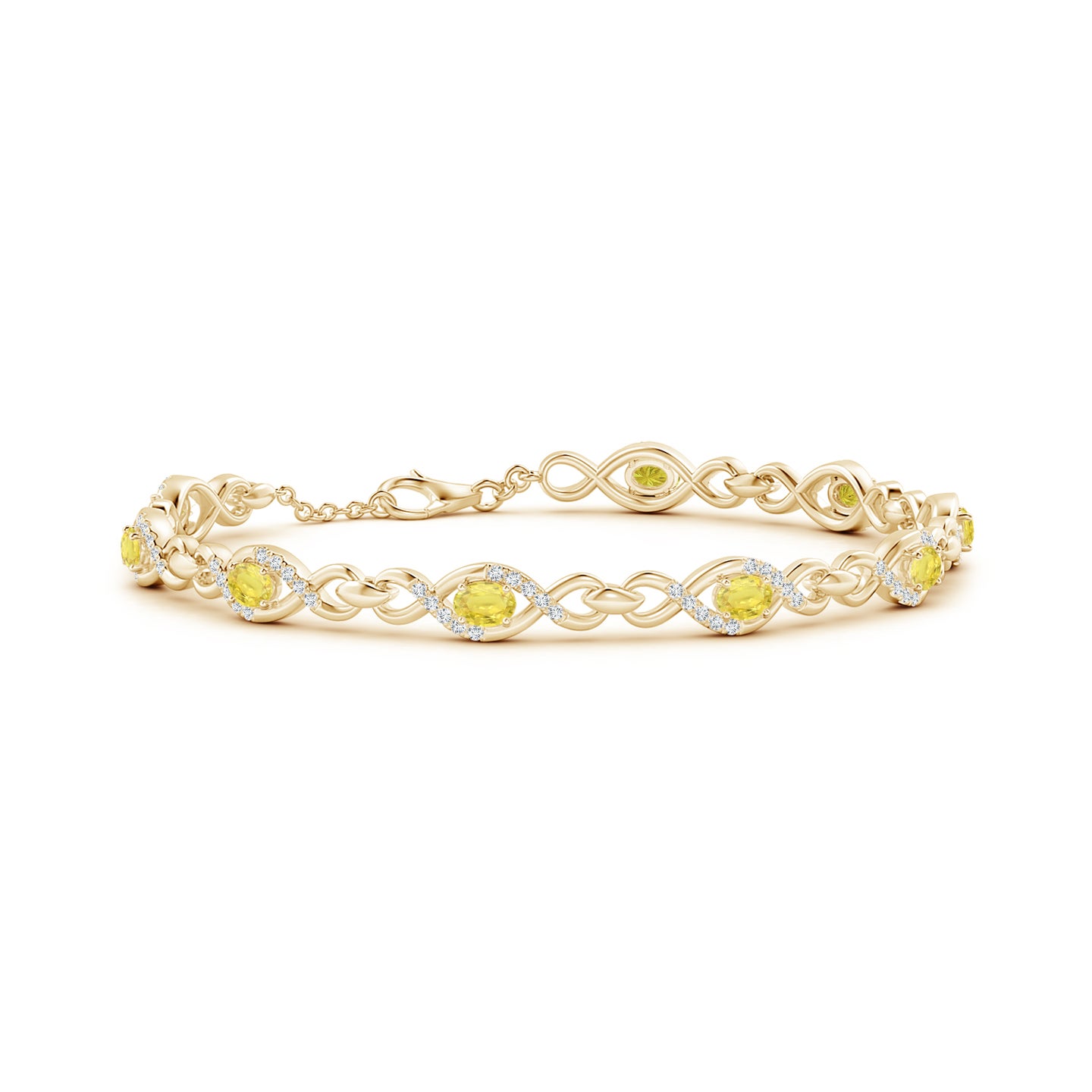 4x3mm A Oval Yellow Sapphire Infinity Link Bracelet with Diamonds in Yellow Gold