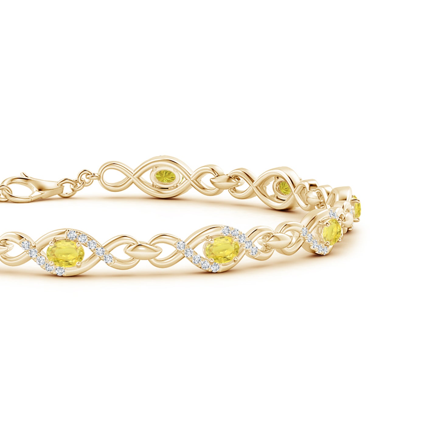 4x3mm A Oval Yellow Sapphire Infinity Link Bracelet with Diamonds in Yellow Gold