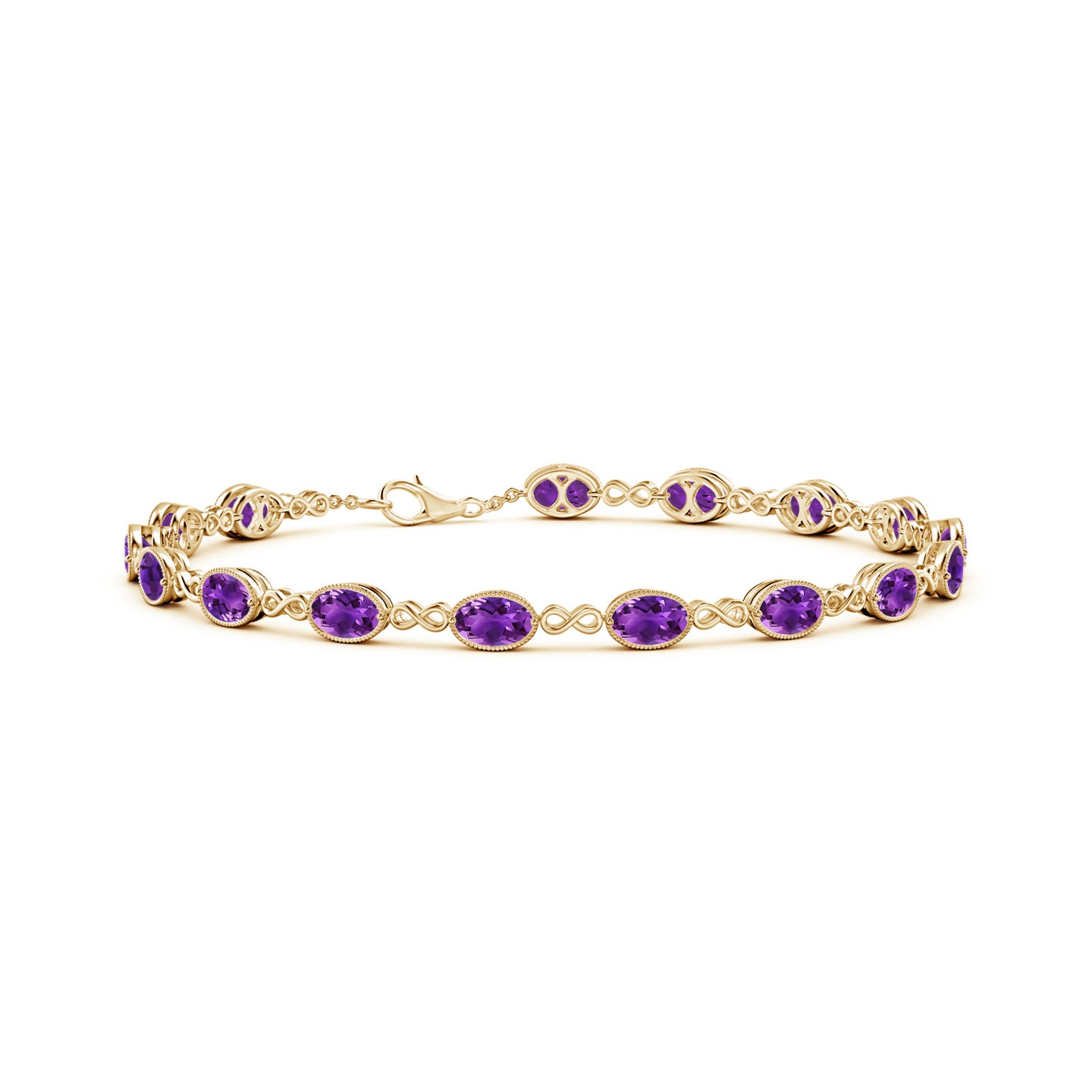 5x4mm AAAA Oval Amethyst Infinity Link Bracelet with Milgrain in Yellow Gold