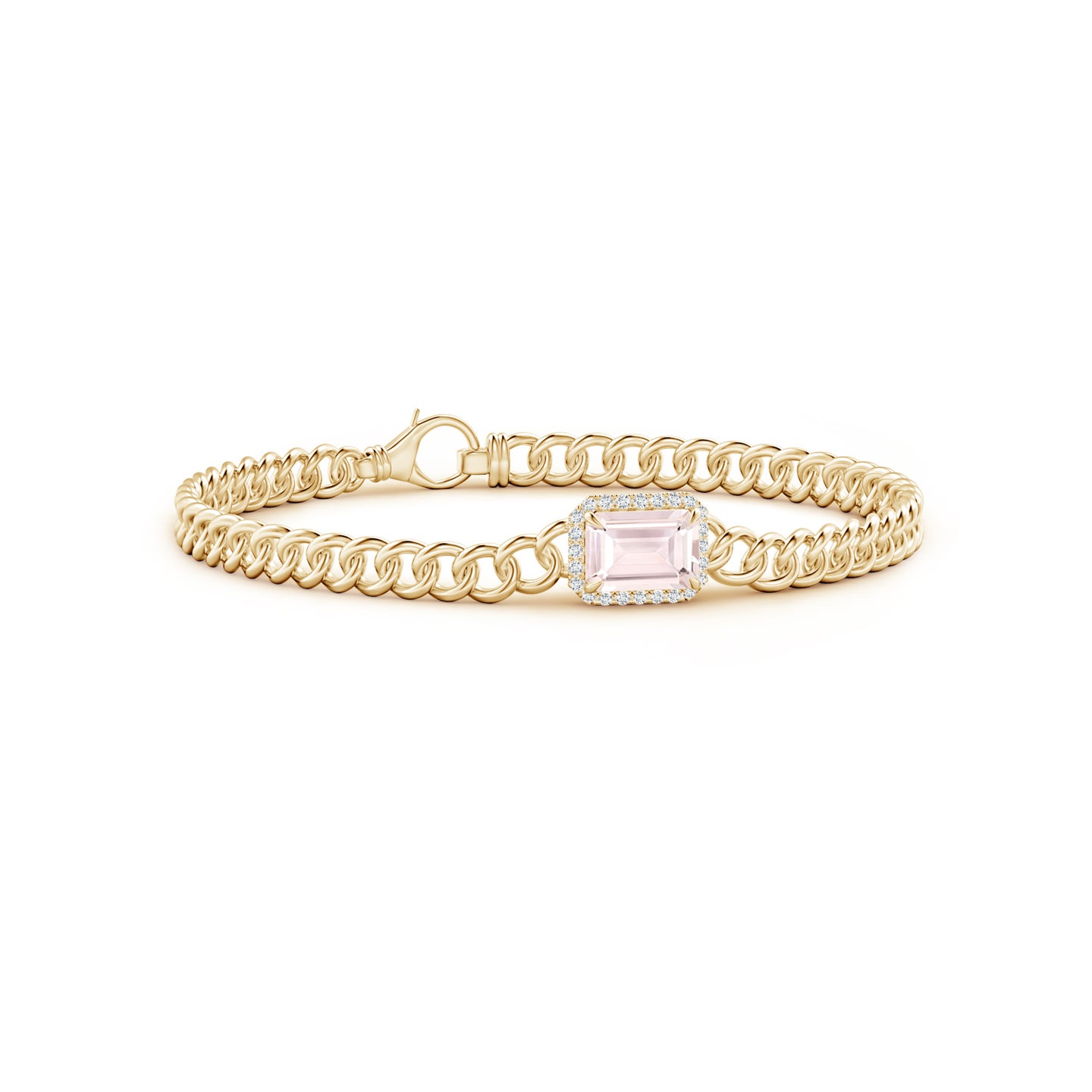 8x6mm A Emerald-Cut Morganite Bracelet with Diamond Halo in Yellow Gold