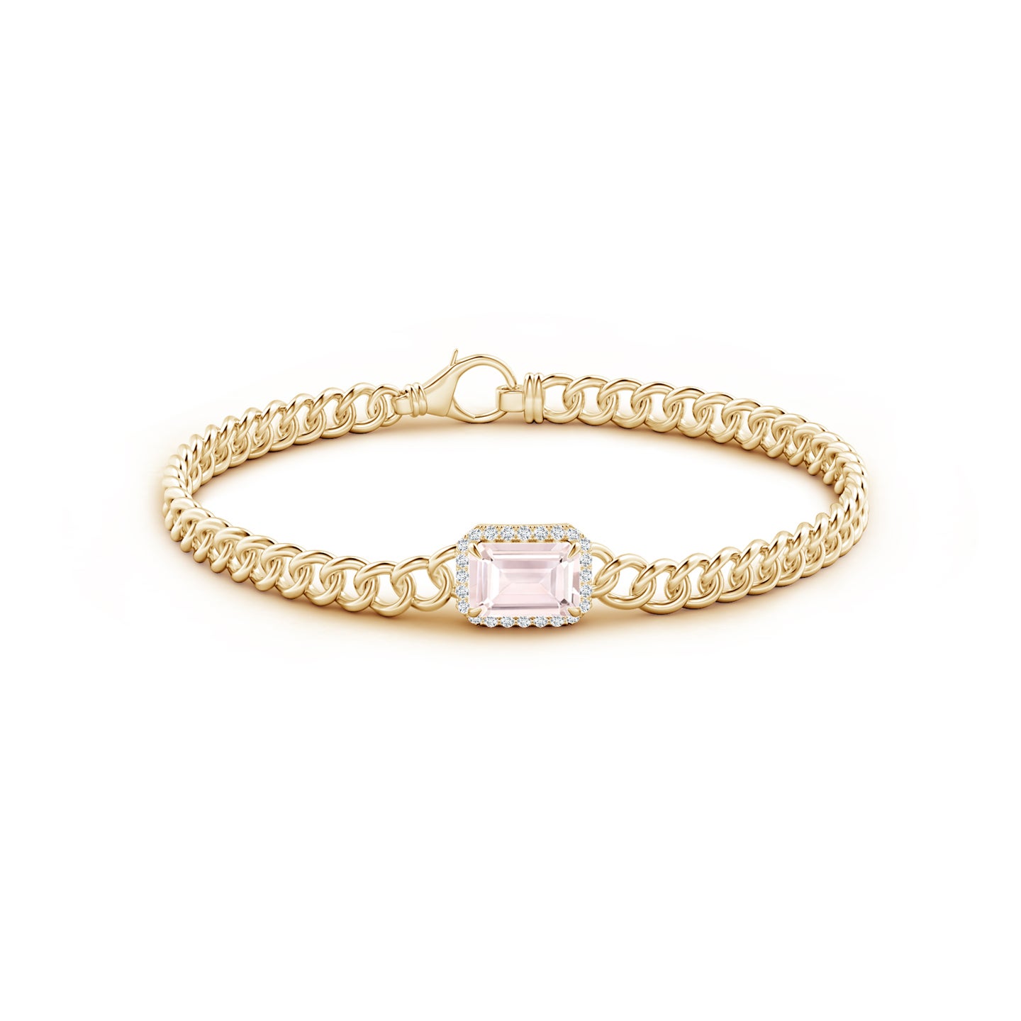 8x6mm A Emerald-Cut Morganite Bracelet with Diamond Halo in Yellow Gold