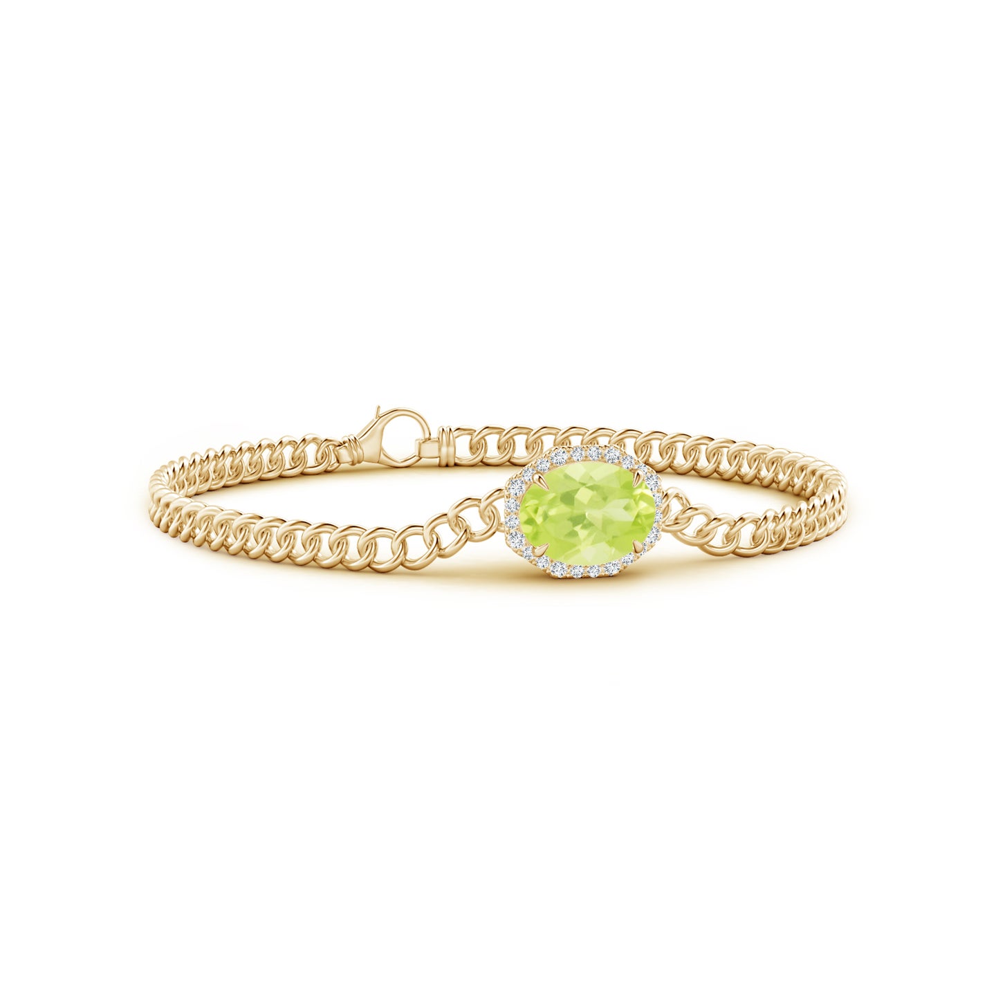 10x8mm A Oval Peridot Bracelet with Octagonal Halo in Yellow Gold