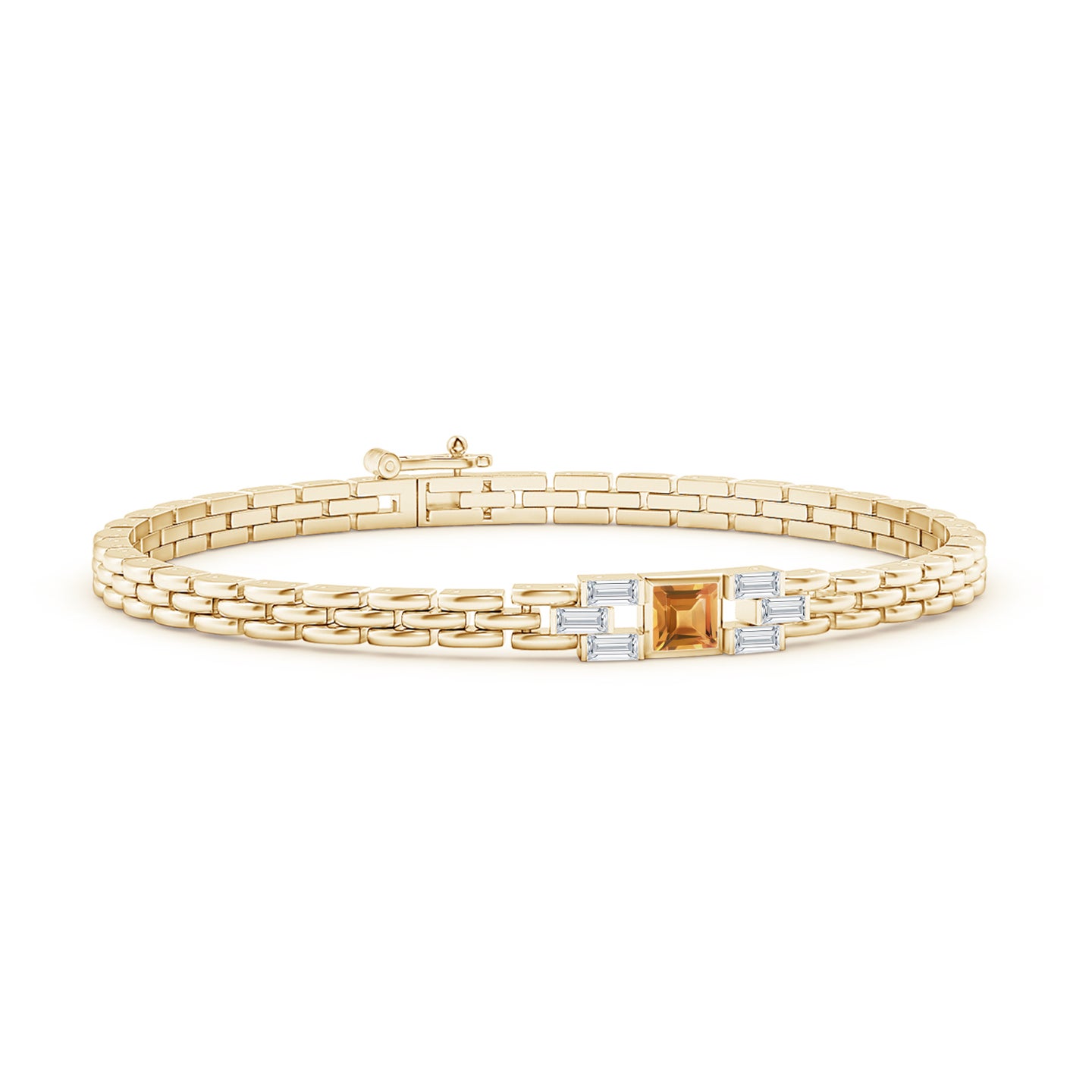 4mm A Square Citrine & Baguette Diamond Rectangle Link Bracelet in Yellow Gold