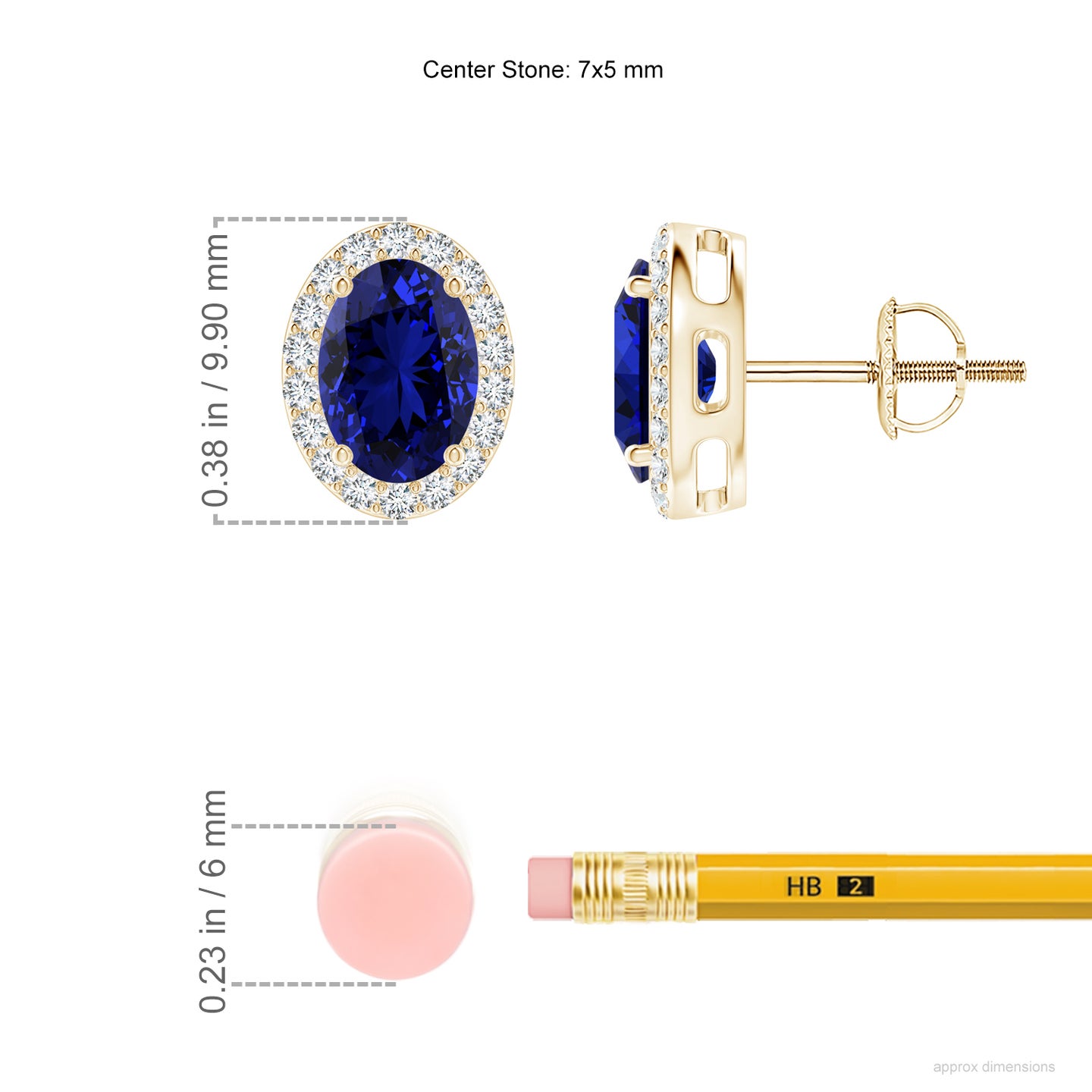 7x5mm Labgrown Lab-Grown Oval Blue Sapphire Studs with Diamond Halo in Yellow Gold