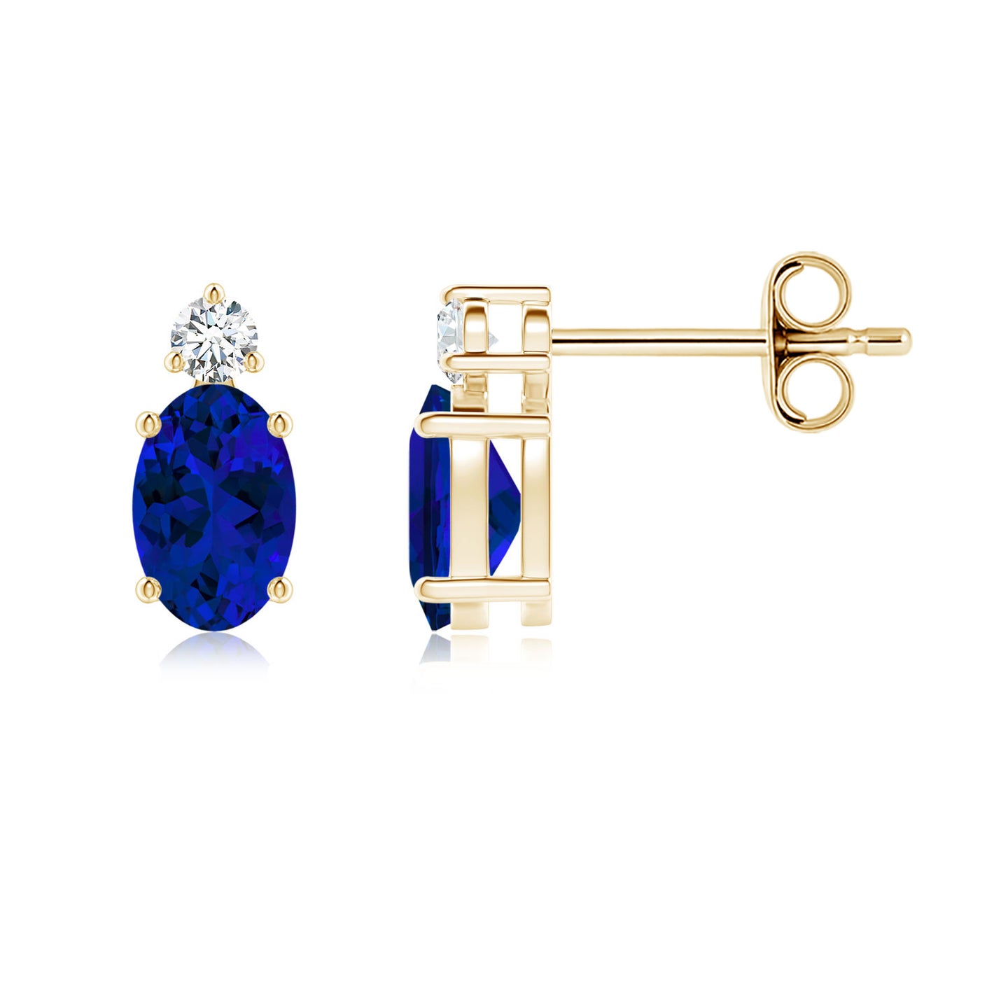 6x4mm Labgrown Lab-Grown Basket-Set Oval Blue Sapphire Stud Earrings with Diamond in Yellow Gold