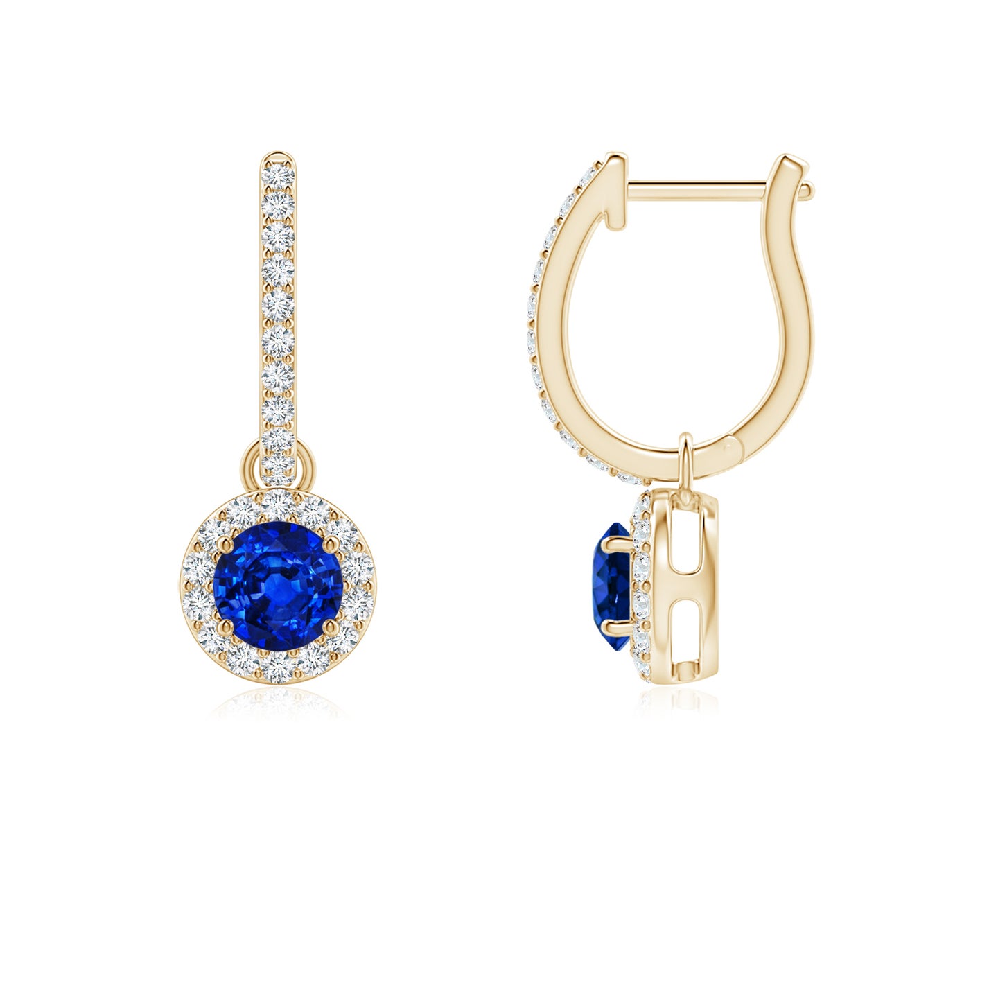 4mm Labgrown Lab-Grown Round Blue Sapphire Dangle Earrings with Diamond Halo in Yellow Gold