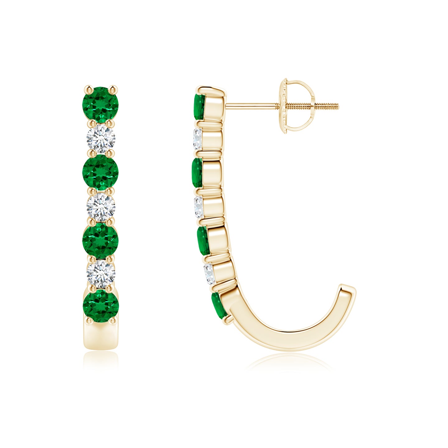 3mm Labgrown Lab-Grown Emerald and Diamond J-Hoop Earrings in Yellow Gold