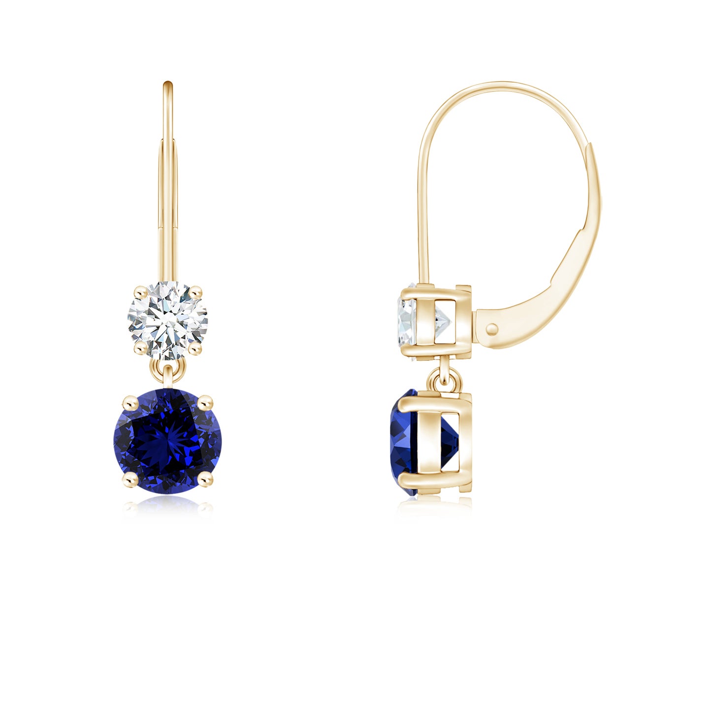 4mm Labgrown Lab-Grown Round Blue Sapphire Leverback Dangle Earrings with Diamond in Yellow Gold