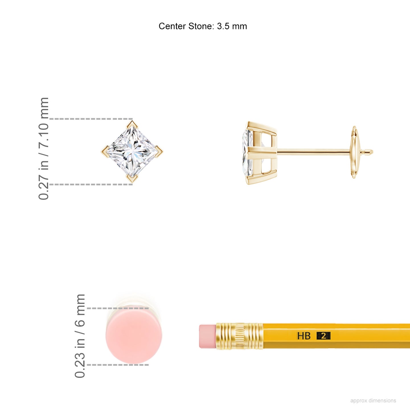 3.5mm FGVS Lab-Grown Princess-Cut Diamond Stud Earrings in Yellow Gold