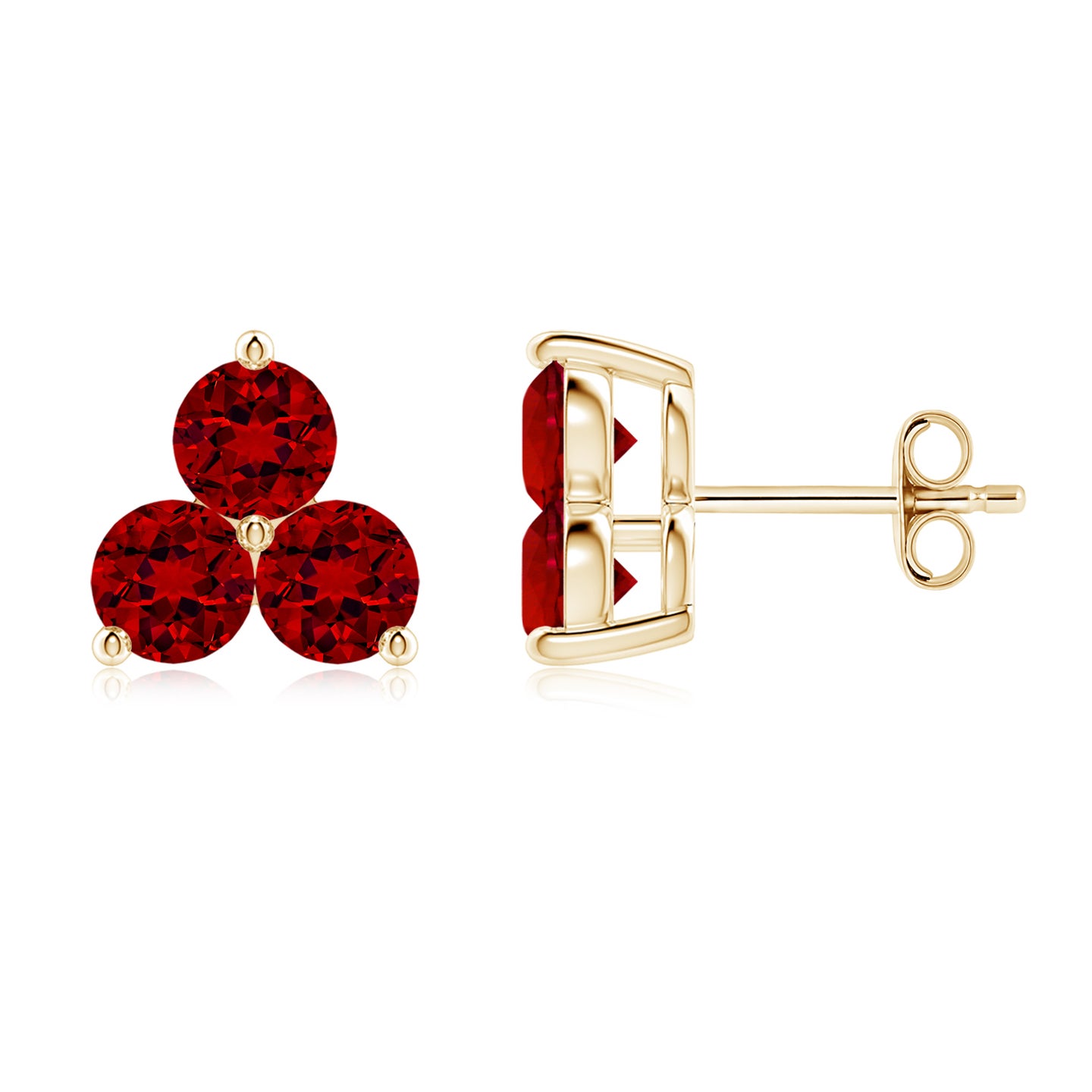 Round Lab-Grown Ruby Three Stone Stud Earrings