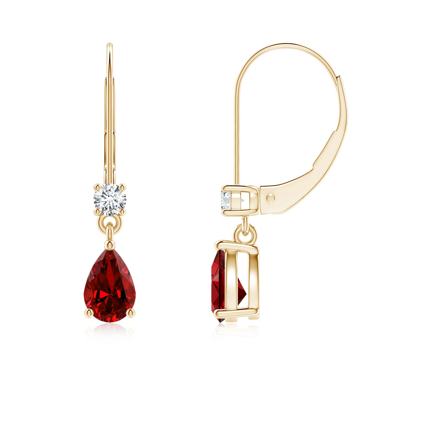 6x4mm Labgrown Lab-Grown Pear Ruby Leverback Drop Earrings with Diamond in Yellow Gold