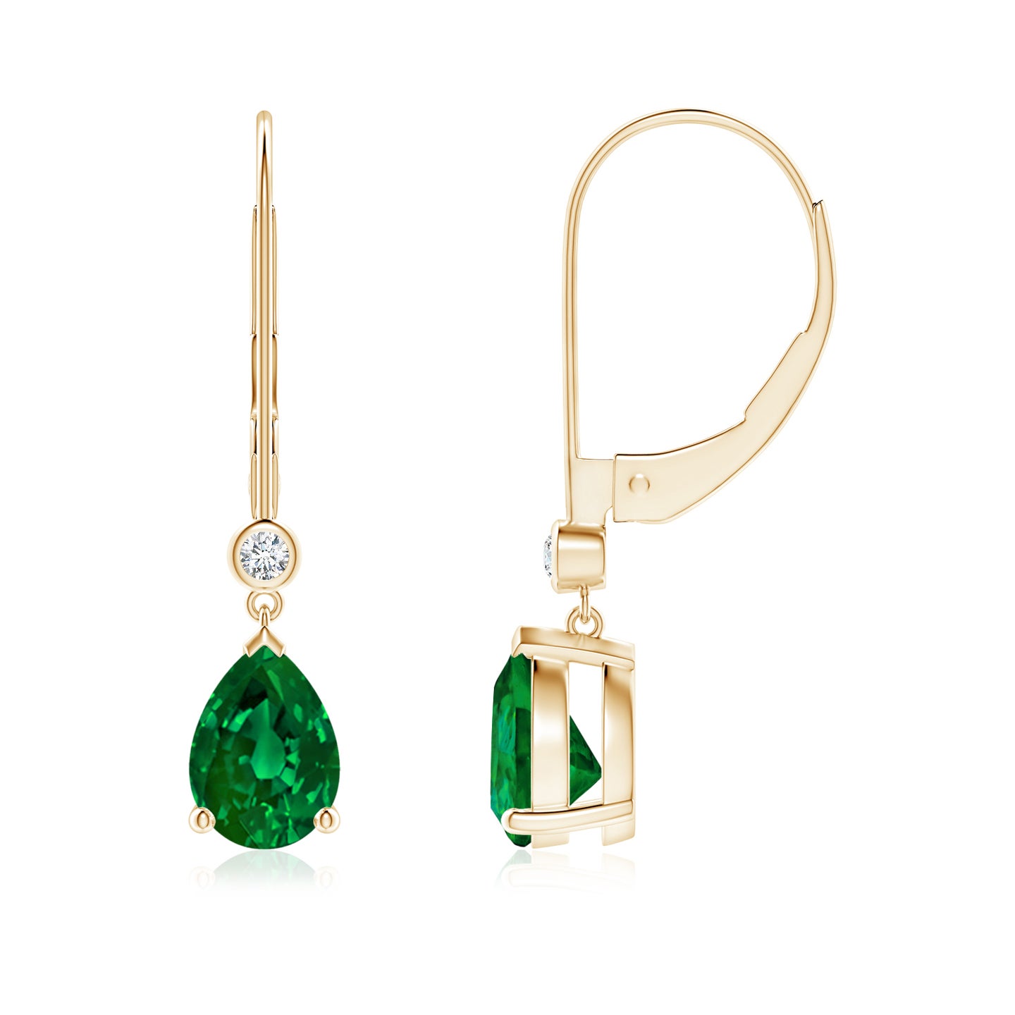 7x5mm Labgrown Lab-Grown Pear-Shaped Emerald Leverback Drop Earrings with Diamond in Yellow Gold