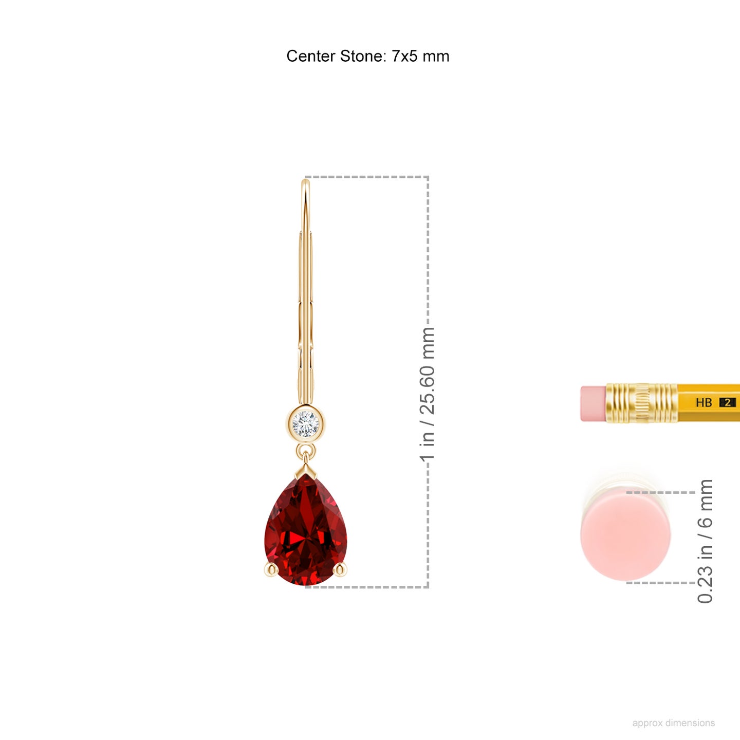 7x5mm Labgrown Lab-Grown Pear-Shaped Ruby Leverback Drop Earrings with Diamond in Yellow Gold