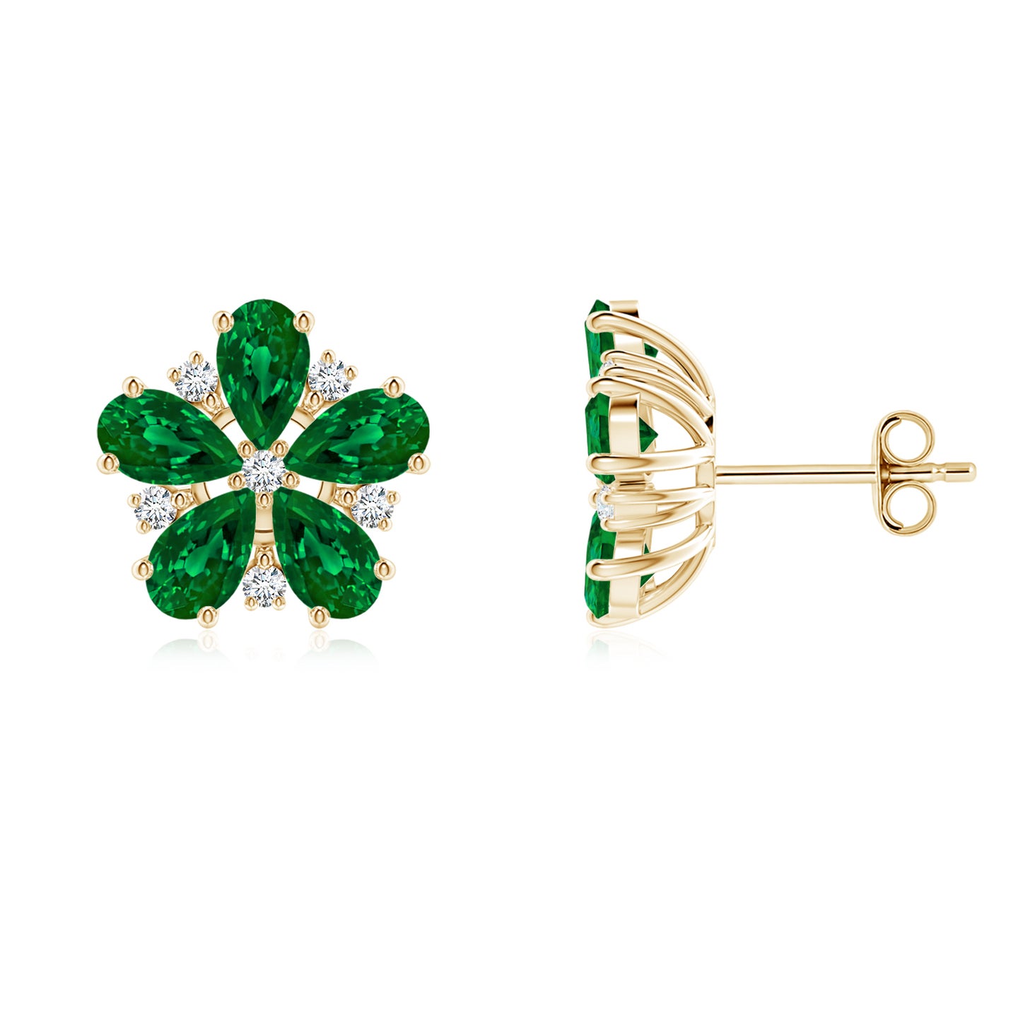 Pear Lab-Grown Emerald and Diamond Flower Stud Earrings