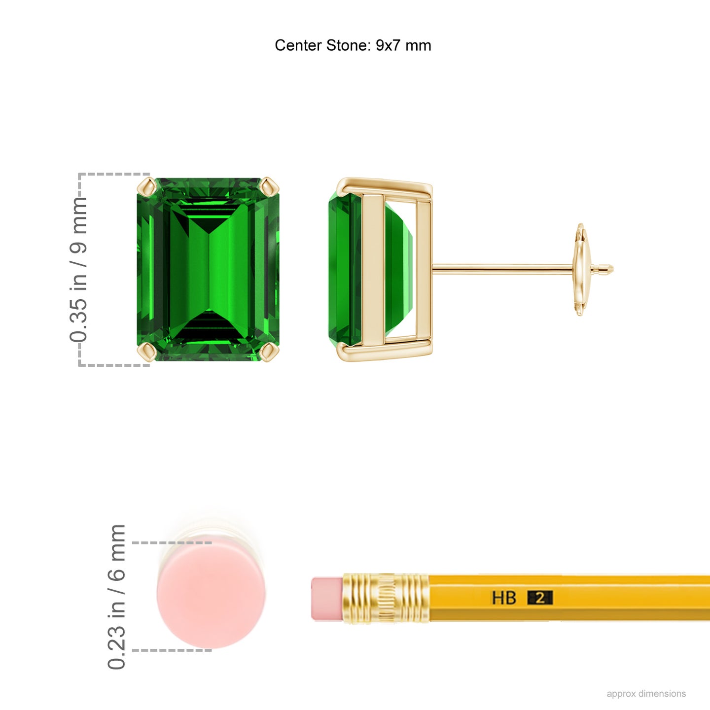 9x7mm Labgrown Lab-Grown Prong-Set Emerald-Cut Emerald Solitaire Stud Earrings in Yellow Gold