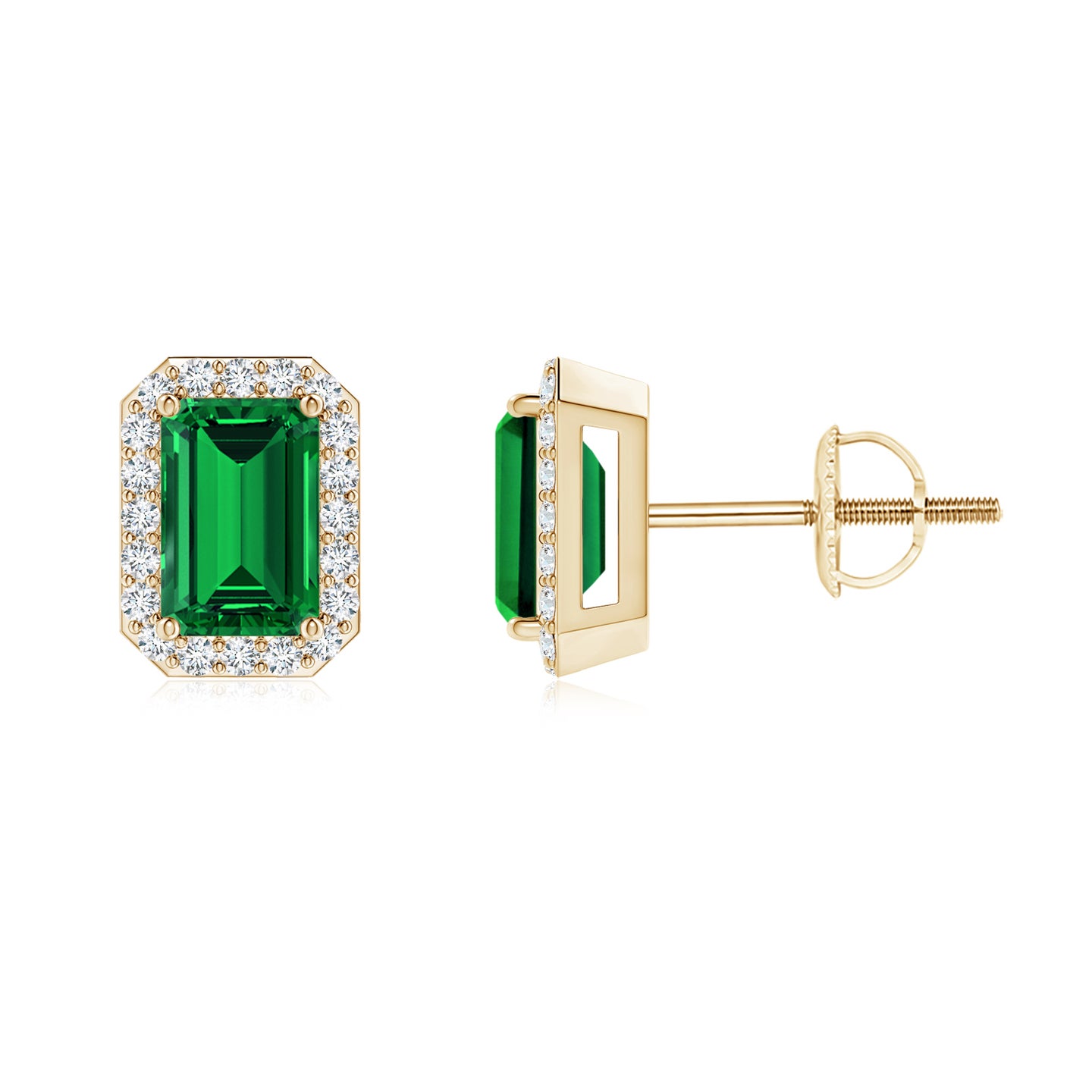 6x4mm Labgrown Lab-Grown Emerald-Cut Emerald Stud Earrings with Diamond Halo in Yellow Gold