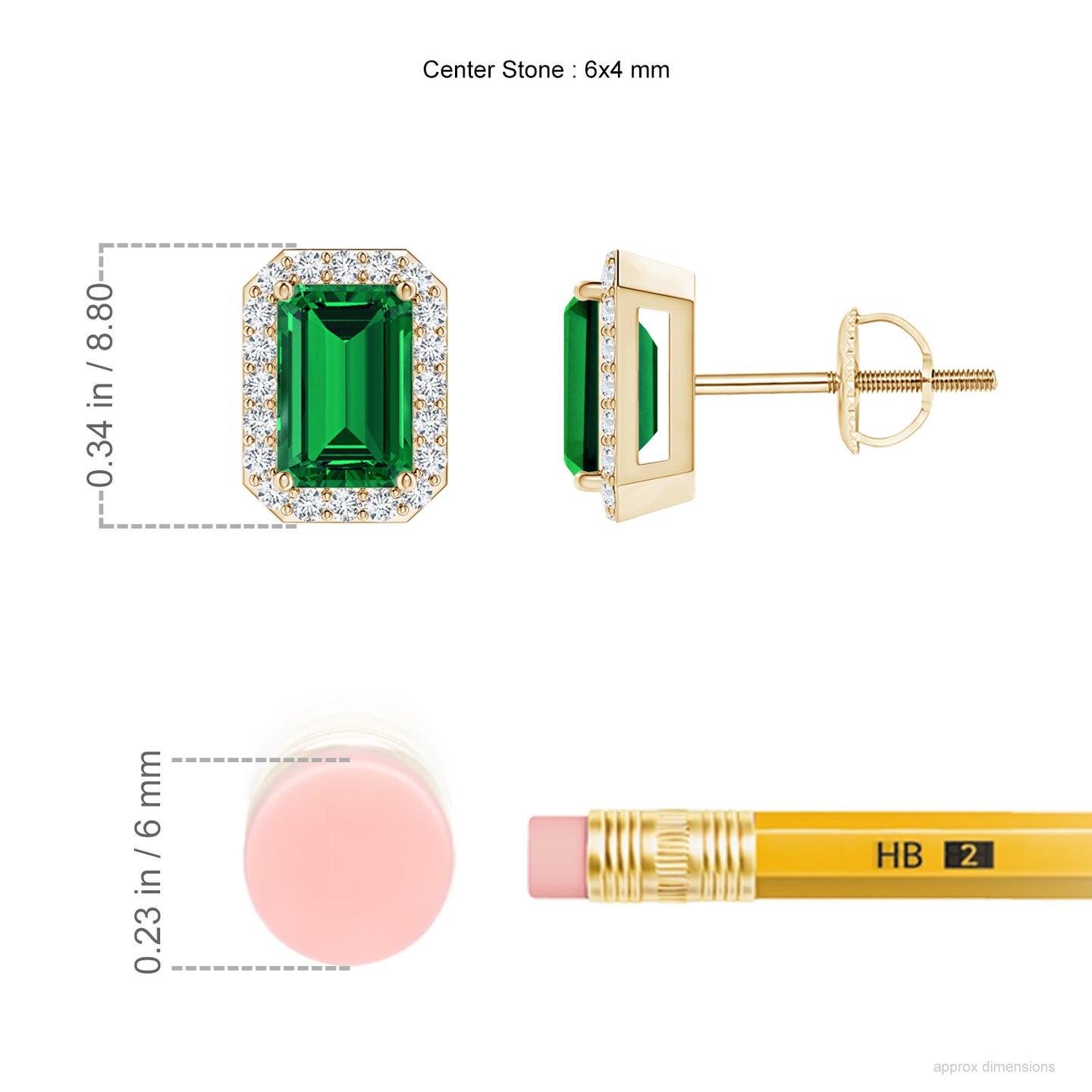 6x4mm Labgrown Lab-Grown Emerald-Cut Emerald Stud Earrings with Diamond Halo in Yellow Gold