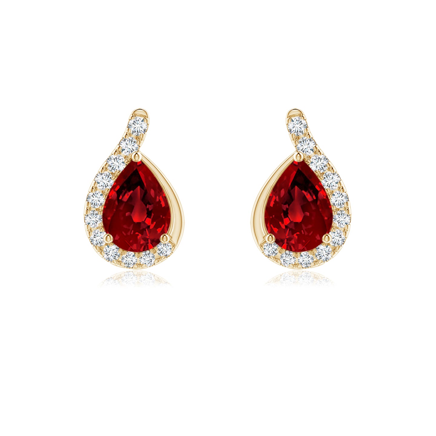 7x5mm Labgrown Lab-Grown Pear Ruby Earrings with Lab Diamond Swirl Frame in Yellow Gold