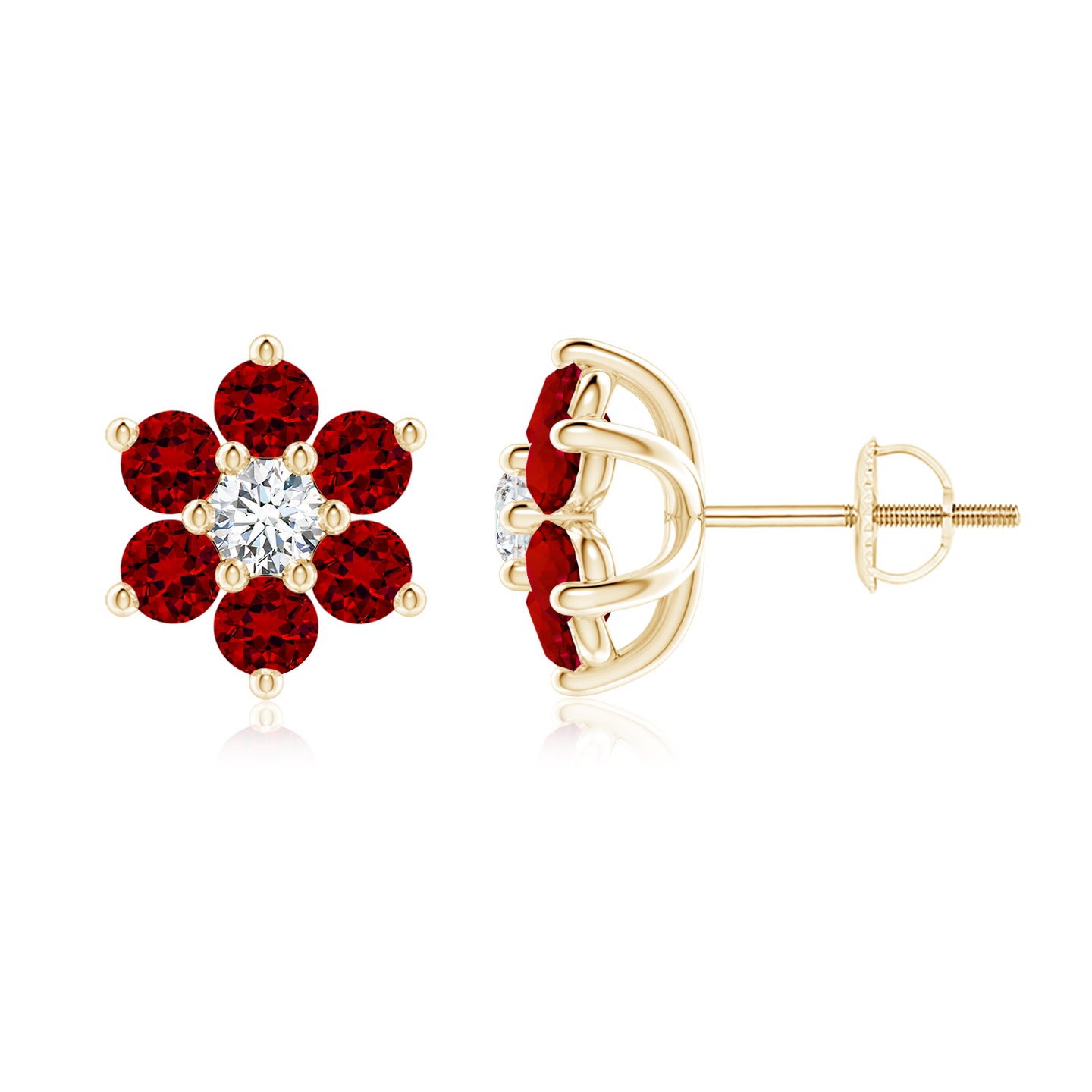 Lab-Grown Six Petal Ruby and Lab Diamond Flower Stud Earrings