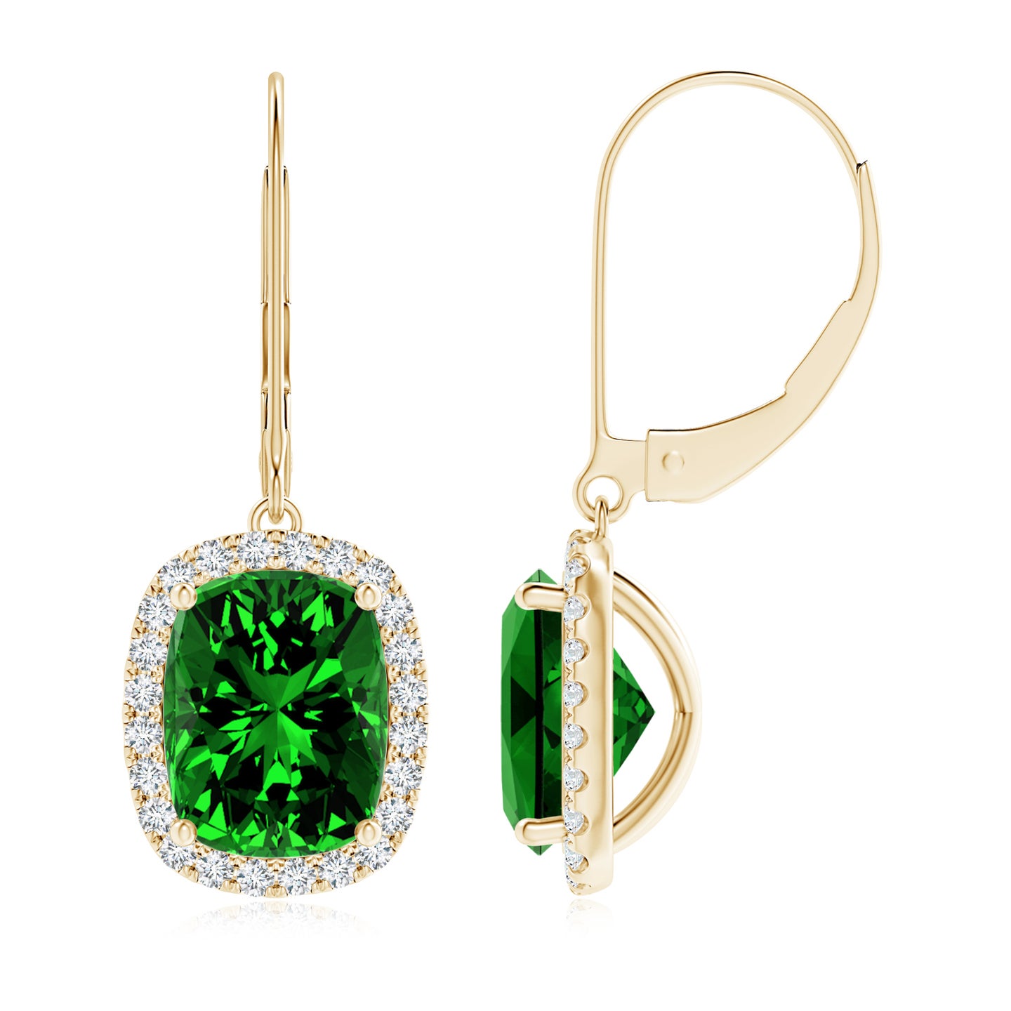 9x7mm Labgrown Lab-Grown Cushion Emerald Leverback Earrings with Lab Diamond Halo in Yellow Gold