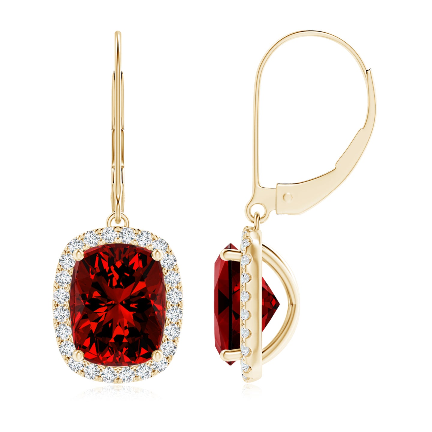 9x7mm Labgrown Lab-Grown Cushion Ruby Leverback Earrings with Lab Diamond Halo in Yellow Gold