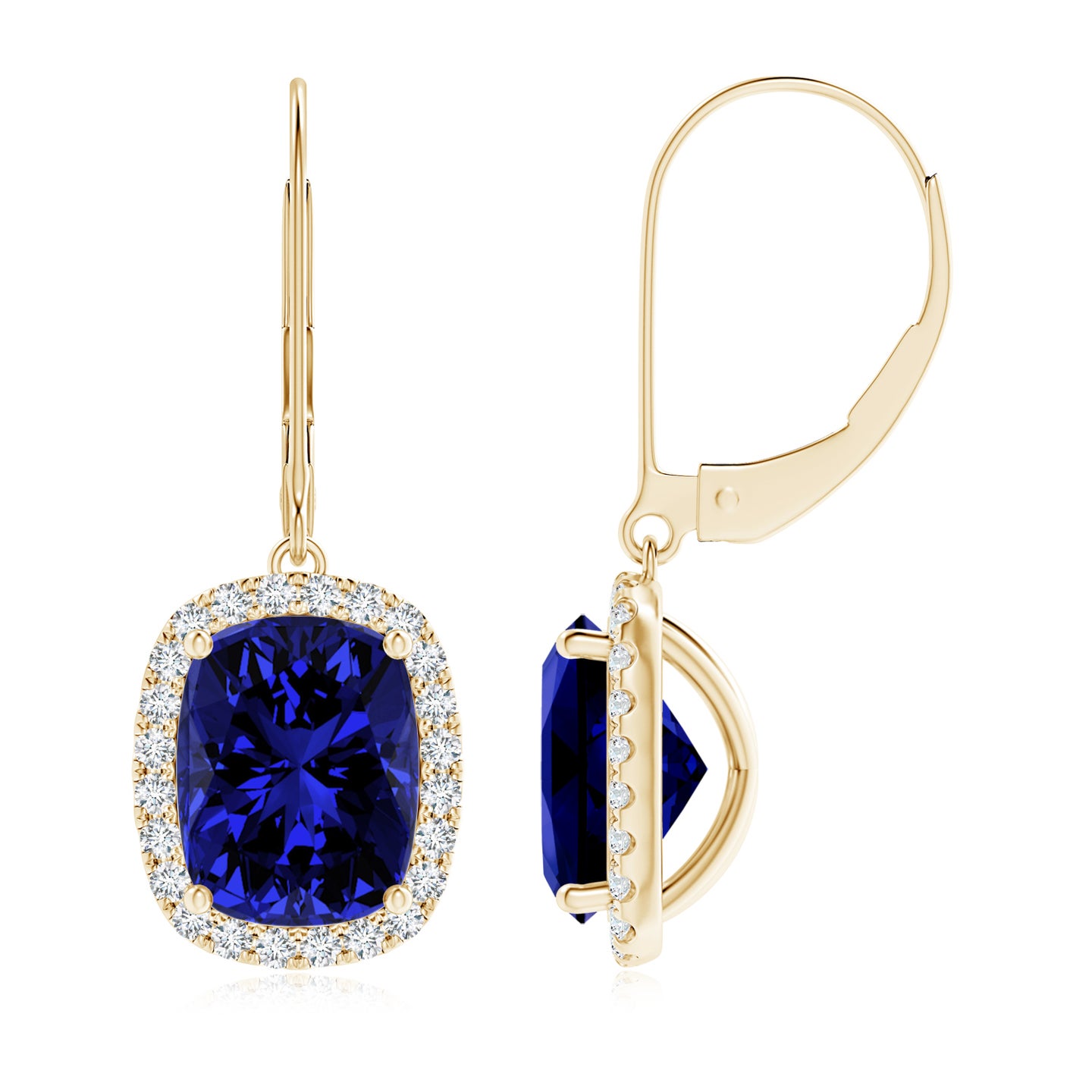 9x7mm Labgrown Lab-Grown Cushion Blue Sapphire Leverback Earrings with Lab Diamond Halo in Yellow Gold