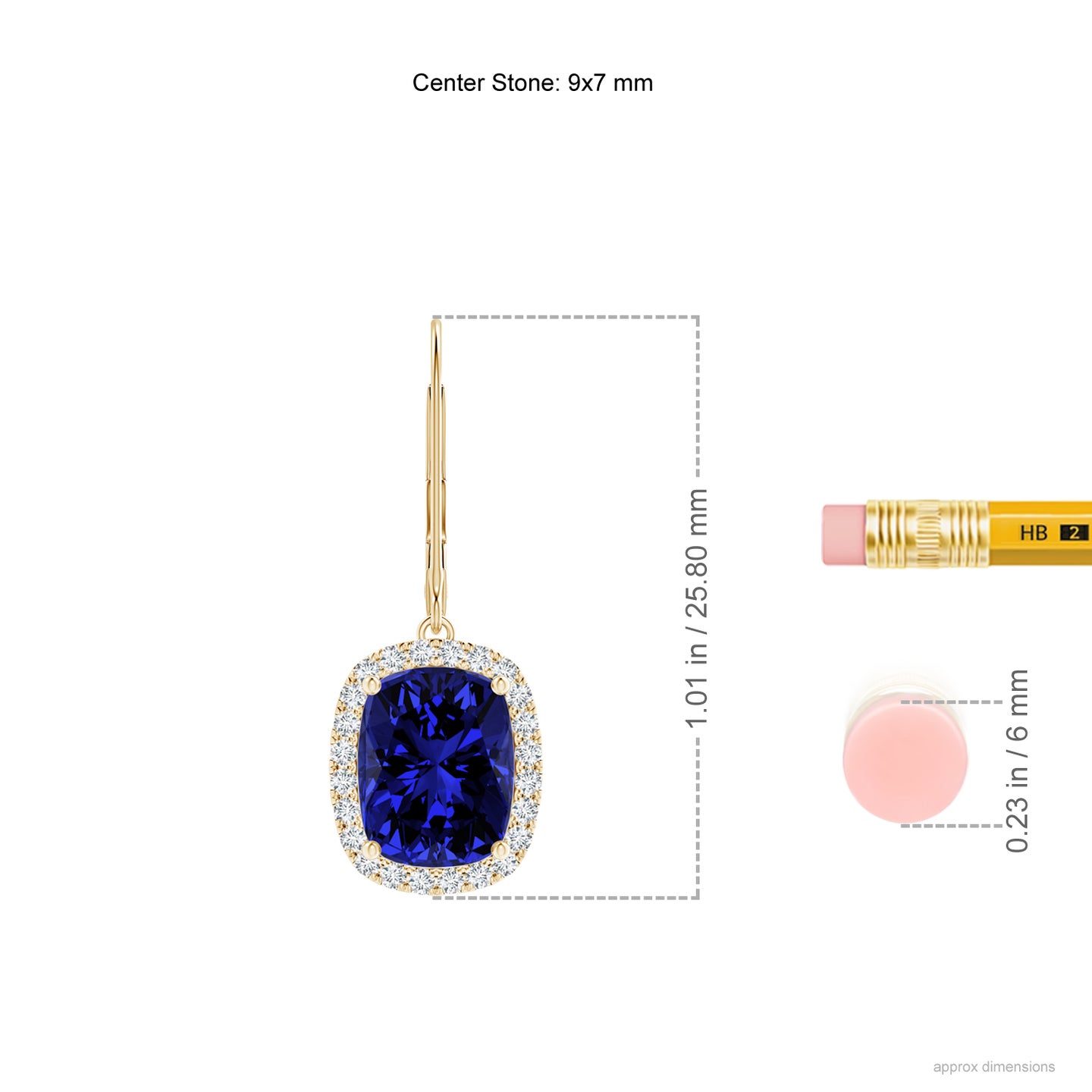 9x7mm Labgrown Lab-Grown Cushion Blue Sapphire Leverback Earrings with Lab Diamond Halo in Yellow Gold
