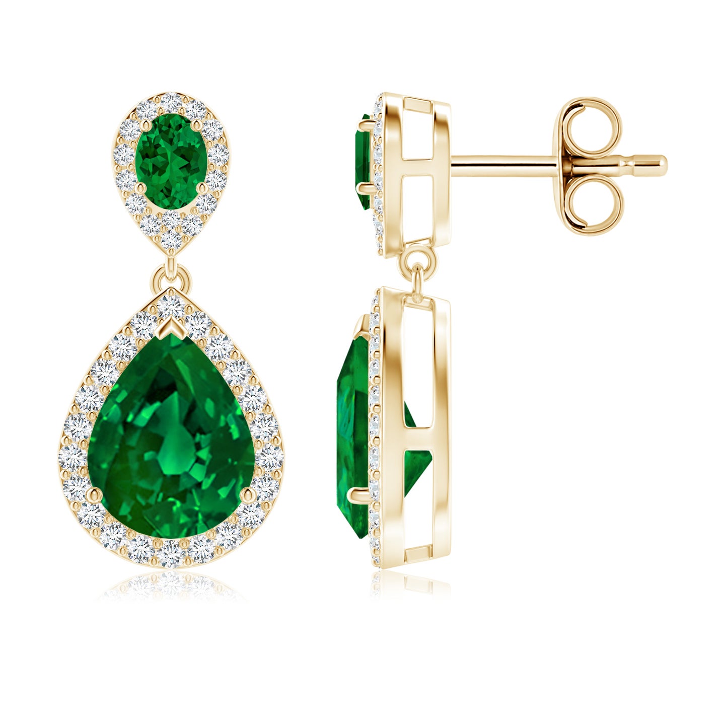 Oval and Pear Lab-Grown Emerald Halo Drop Earrings