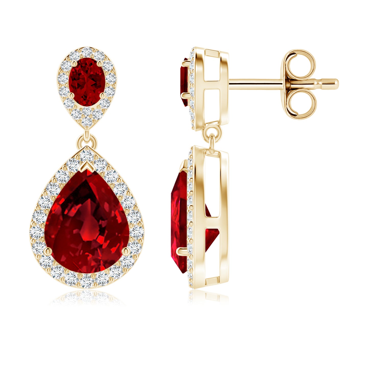 Oval and Pear Lab-Grown Ruby Halo Drop Earrings