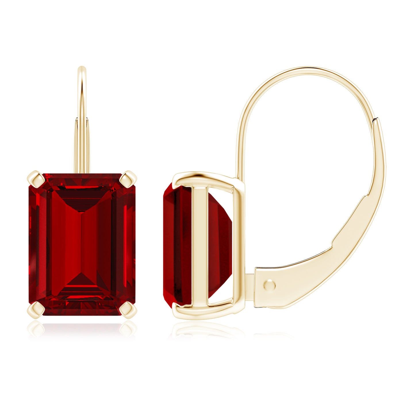 8x6mm Labgrown Emerald-Cut Lab-Grown Ruby Solitaire Leverback Earrings in Yellow Gold