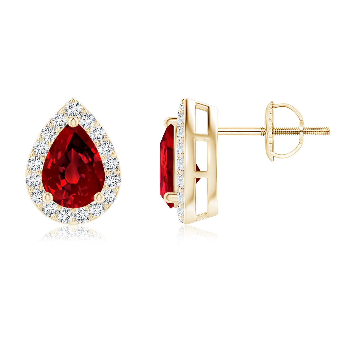 7x5mm Labgrown Lab-Grown Pear-Shaped Ruby Halo Stud Earrings in Yellow Gold