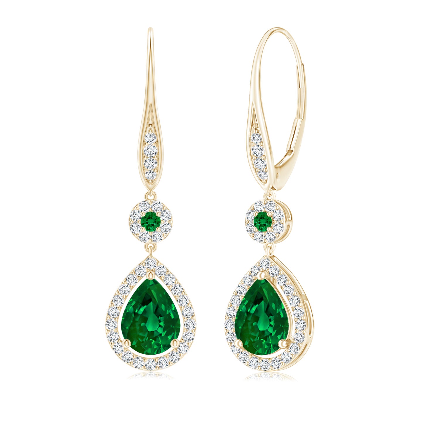 8x6mm Labgrown Lab-Grown Round and Pear Emerald Halo Leverback Earrings in Yellow Gold