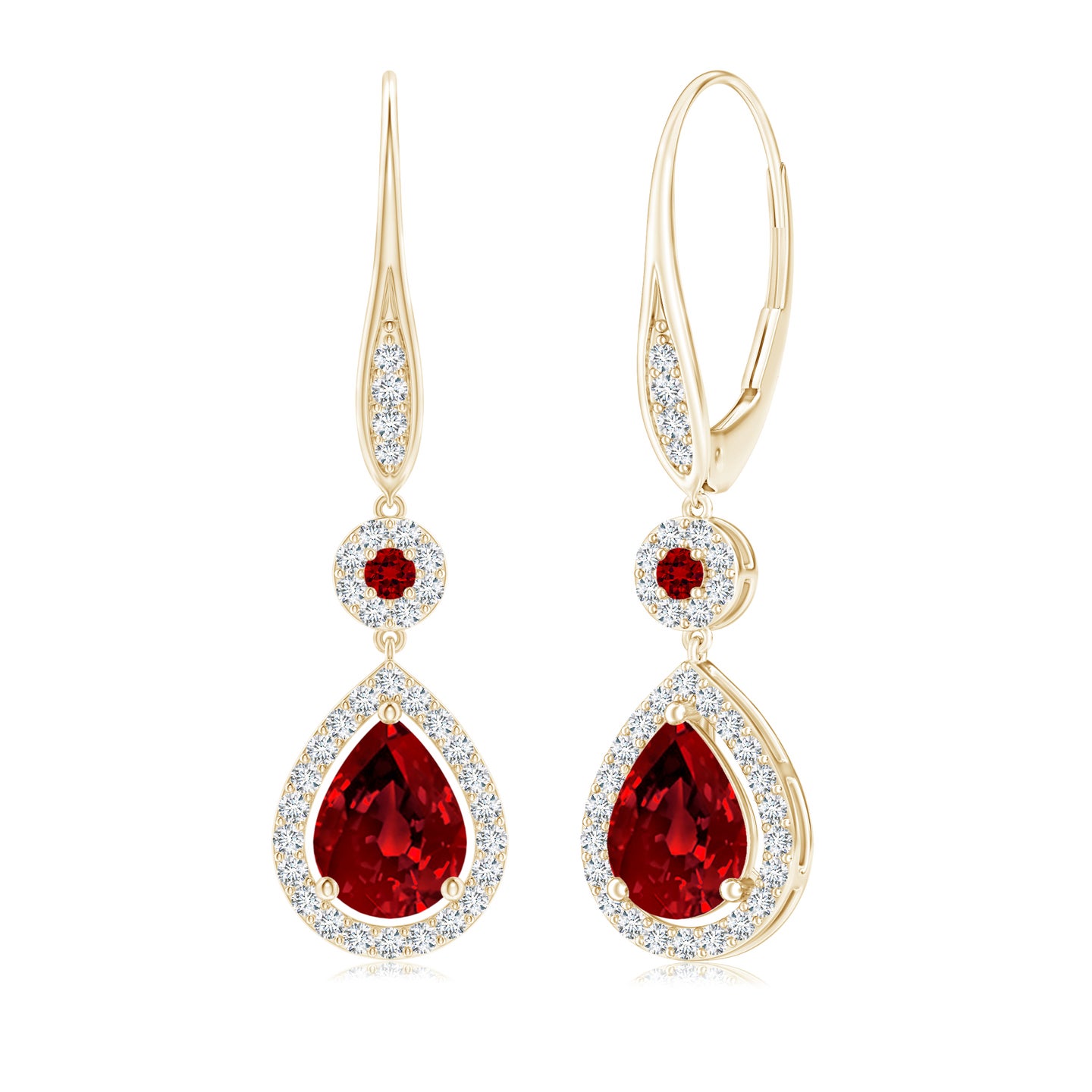 8x6mm Labgrown Lab-Grown Round and Pear Ruby Halo Leverback Earrings in Yellow Gold