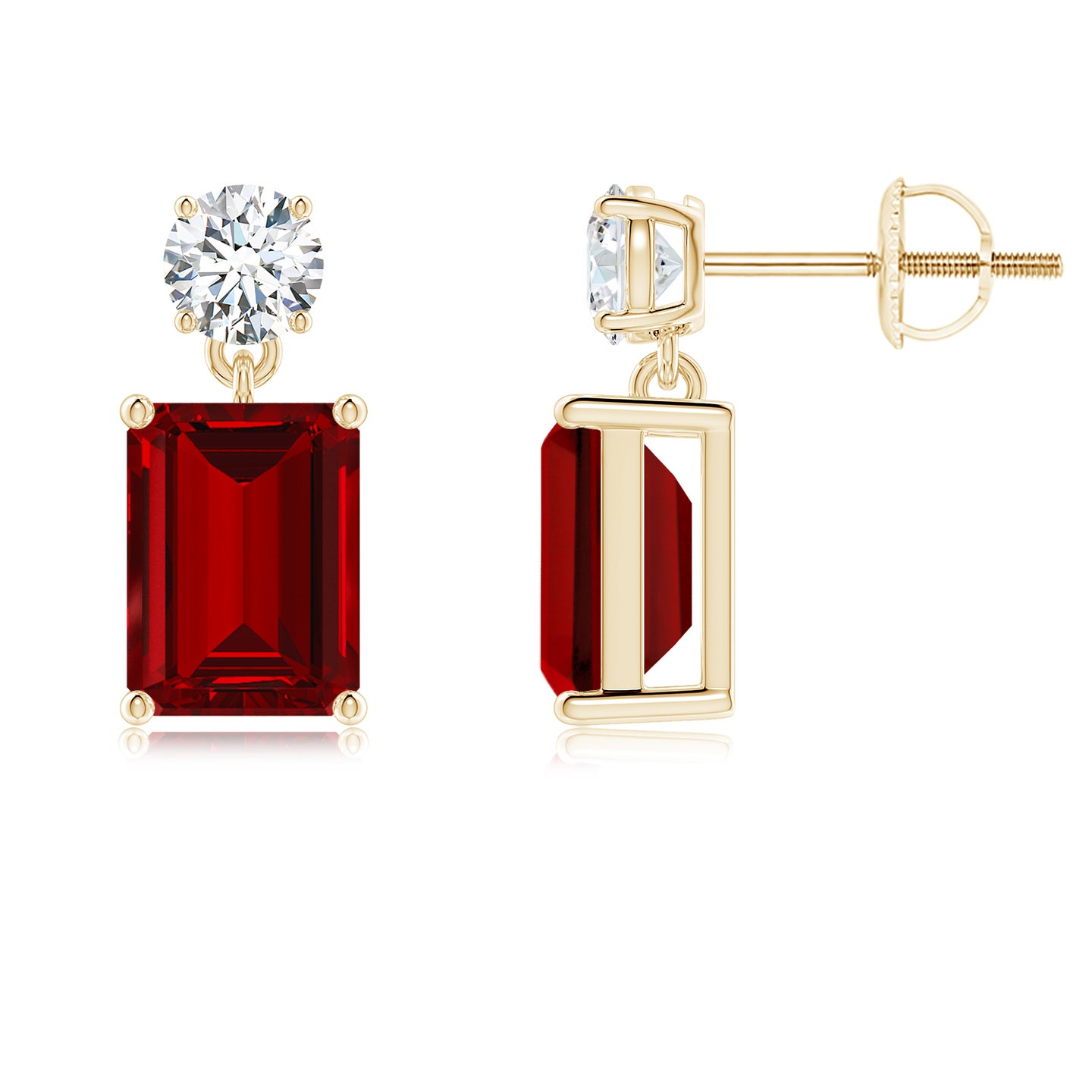 Lab-Grown Emerald-Cut Ruby Drop Earrings with Lab Diamond